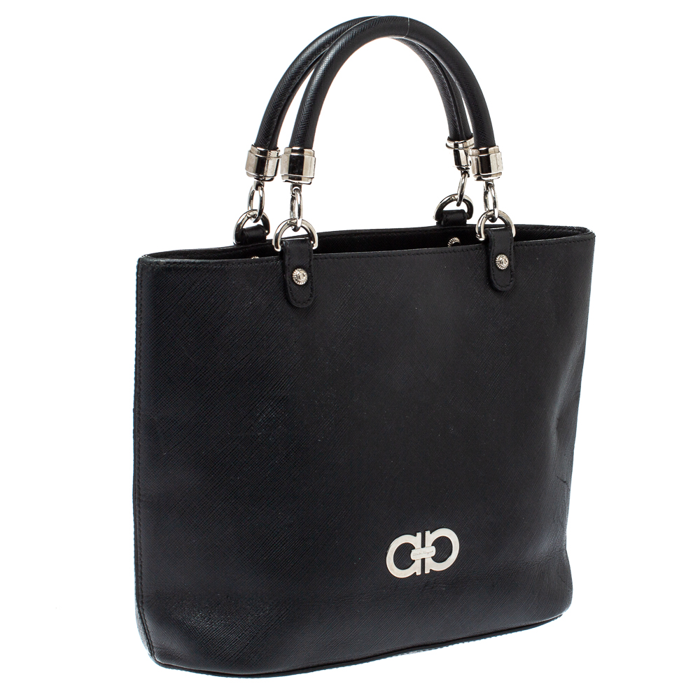 Salvatore Ferragamo Black Leather Double Gancio Tote