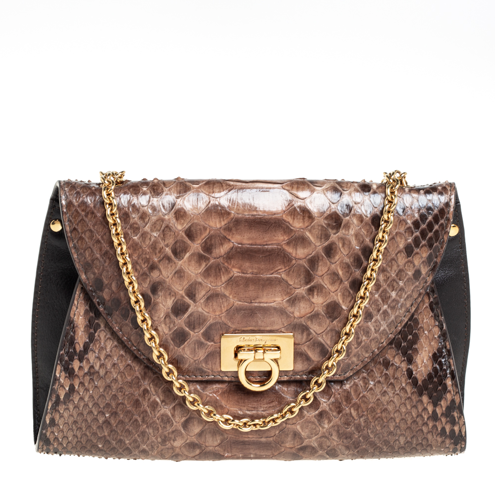 Salvatore Ferragamo Beige/Brown Python and Leather Crossbody Bag