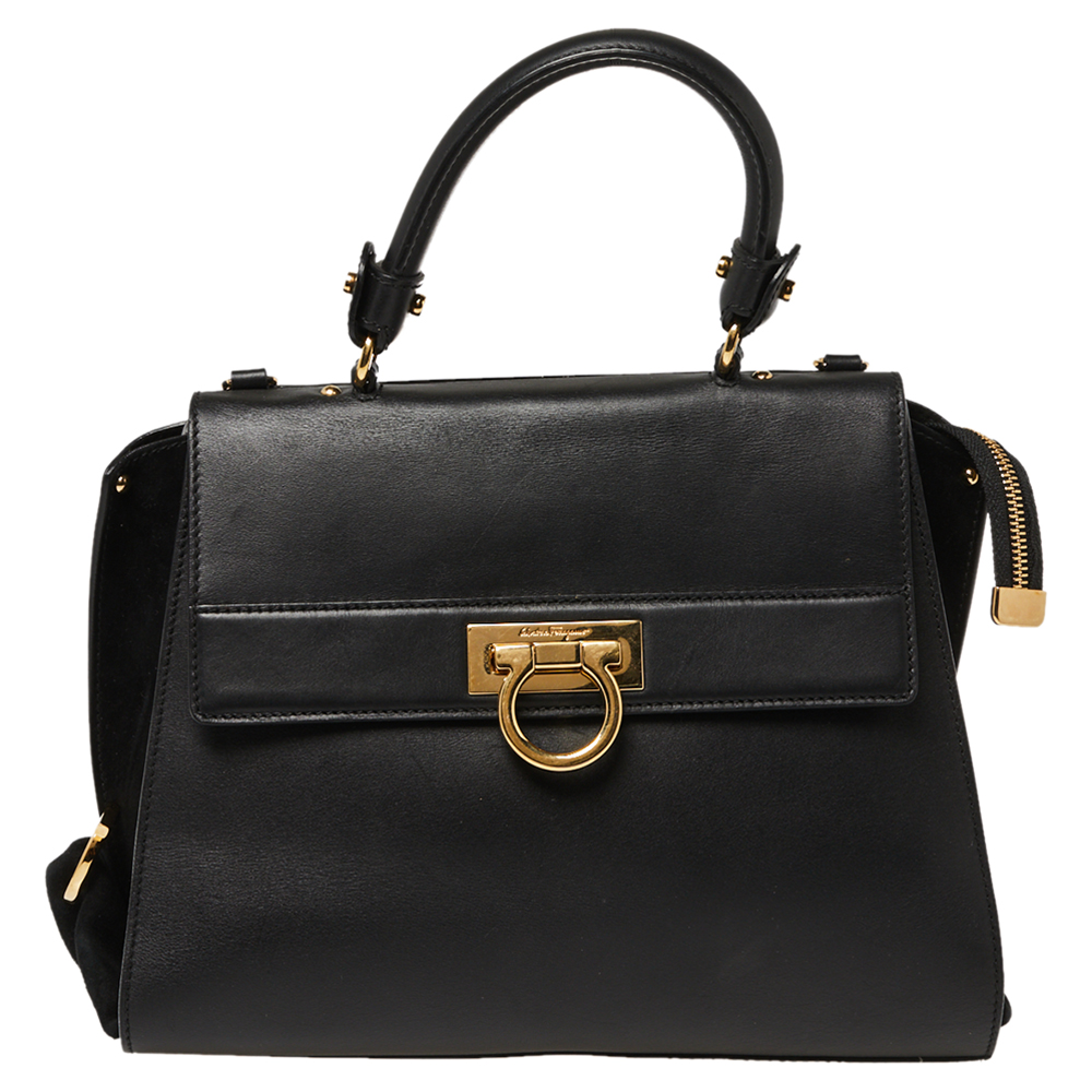 Salvatore Ferragamo Black Leather and Suede Medium Sofia Top Handle Bag