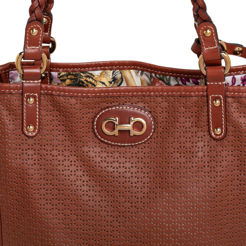 Salvatore Ferragamo Brown Perforated Leather Braided Handle Tote