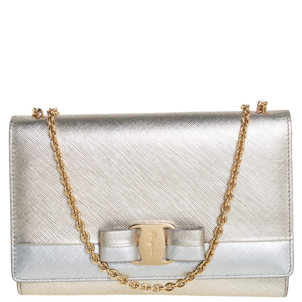 Salvatore Ferragamo Silver/Gold Leather Vara Bow Chain Shoulder Bag