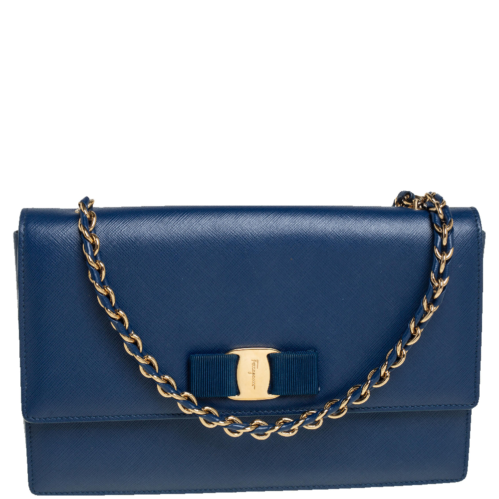 Salvatore Ferragamo Blue Leather Ginny Shoulder Bag