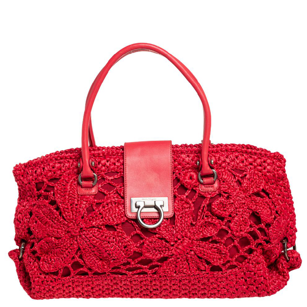 Salvatore Ferragamo Red Woven Straw and Leather Flap Satchel