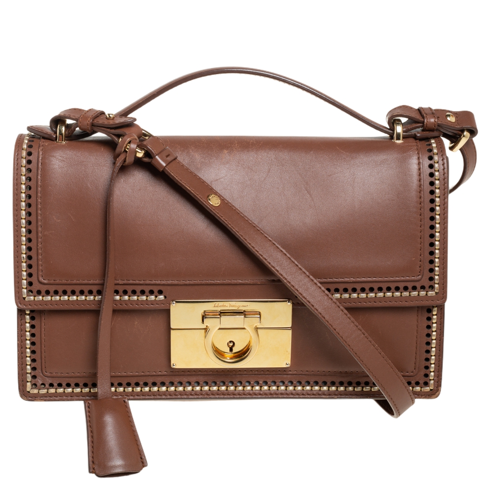 Salvatore Ferragamo Brown Leather Aileen Stitched Top Handle Bag
