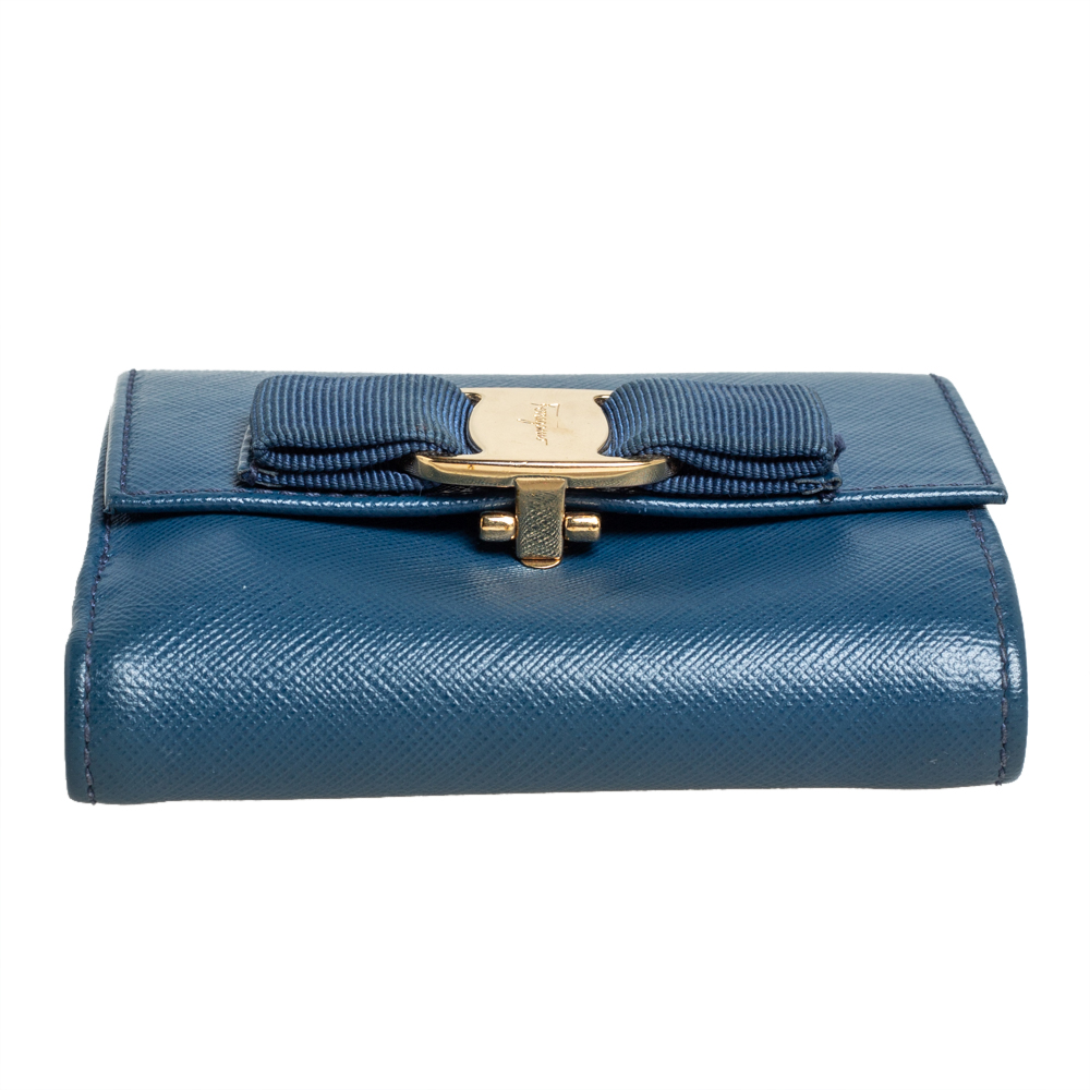 Salvatore Ferragamo Blue Leather Vara Bow Compact Wallet