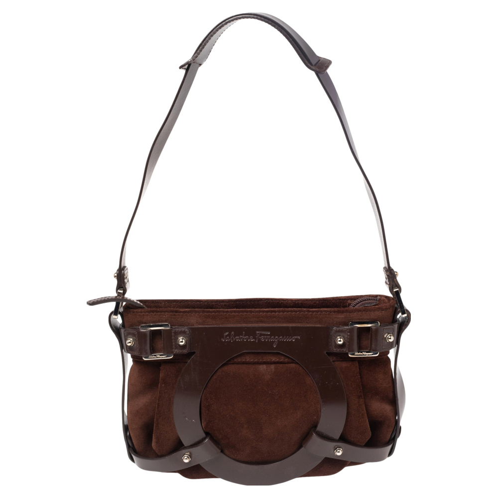 Salvatore ferragamo brown suede and leather gancio baguette shoulder bag