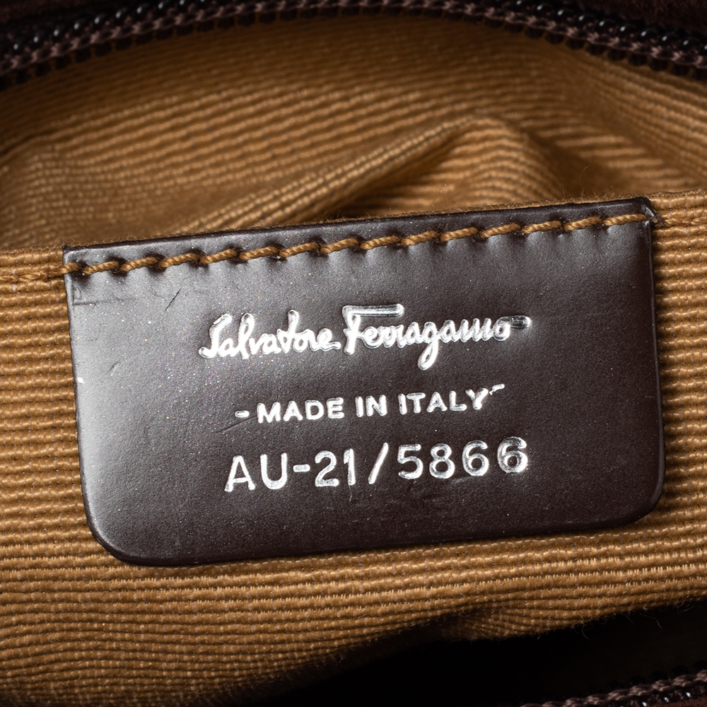 Salvatore Ferragamo Brown Suede And Leather Gancio Baguette Shoulder Bag