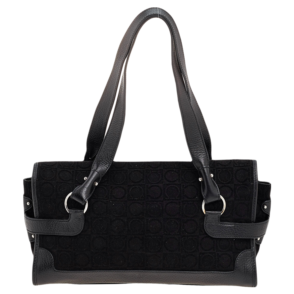Salvatore Ferragamo Black Gancini Velvet And Leather Shoulder Bag