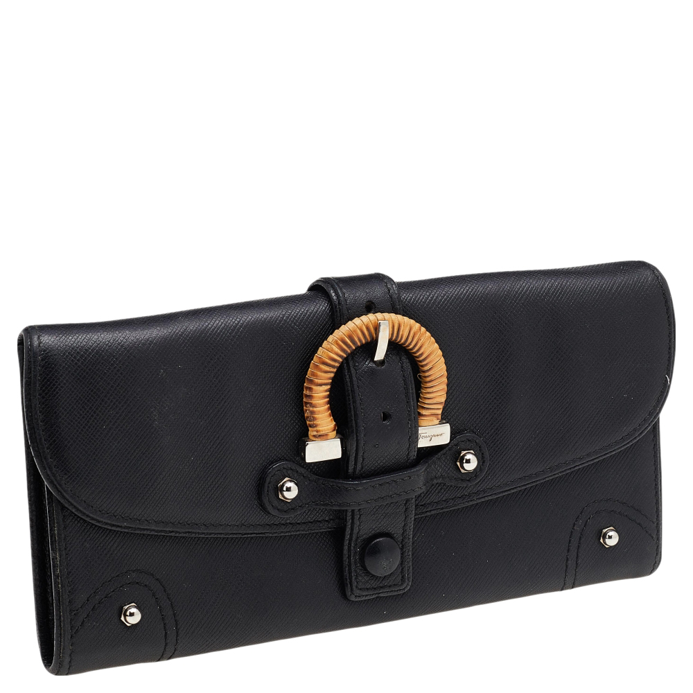 Salvatore Ferragamo Black Leather Vintage Gancini Buckle Continental Wallet