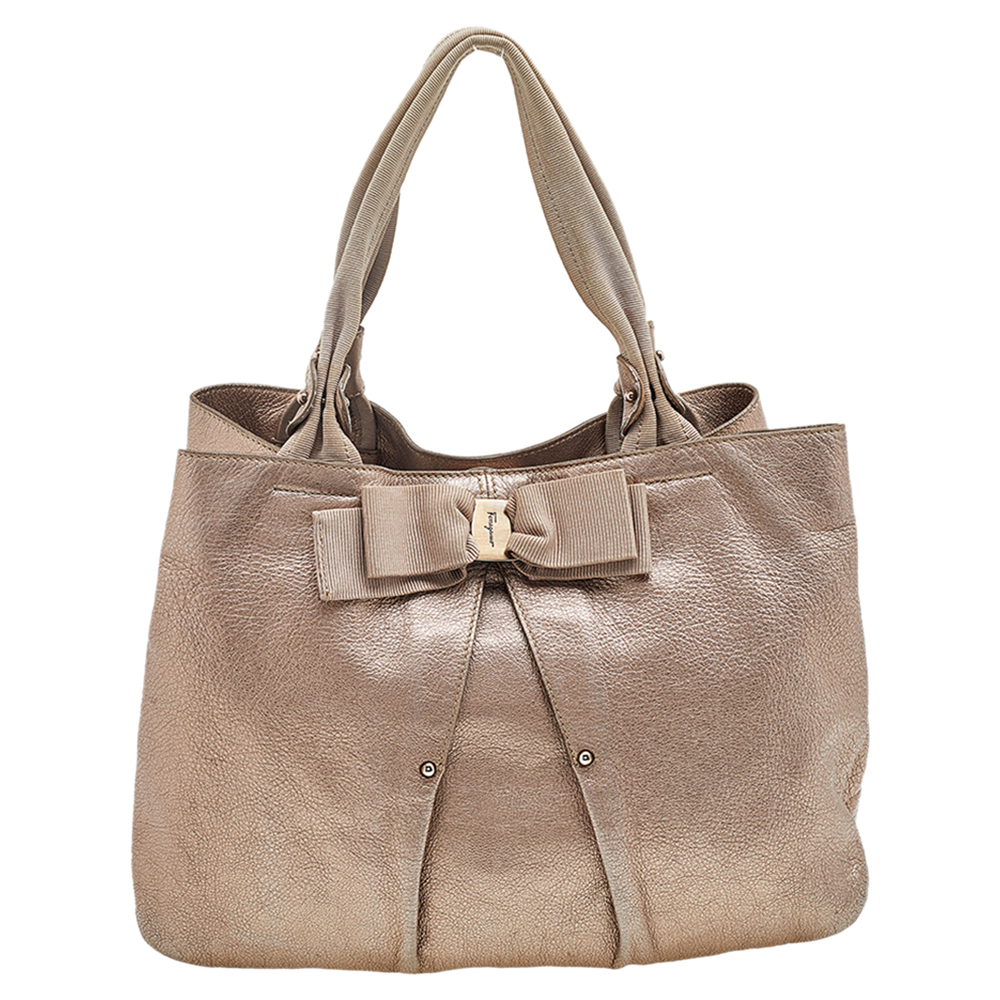 Salvatore Ferragamo Metallic Bronze Leather Miss Vara Bow Tote