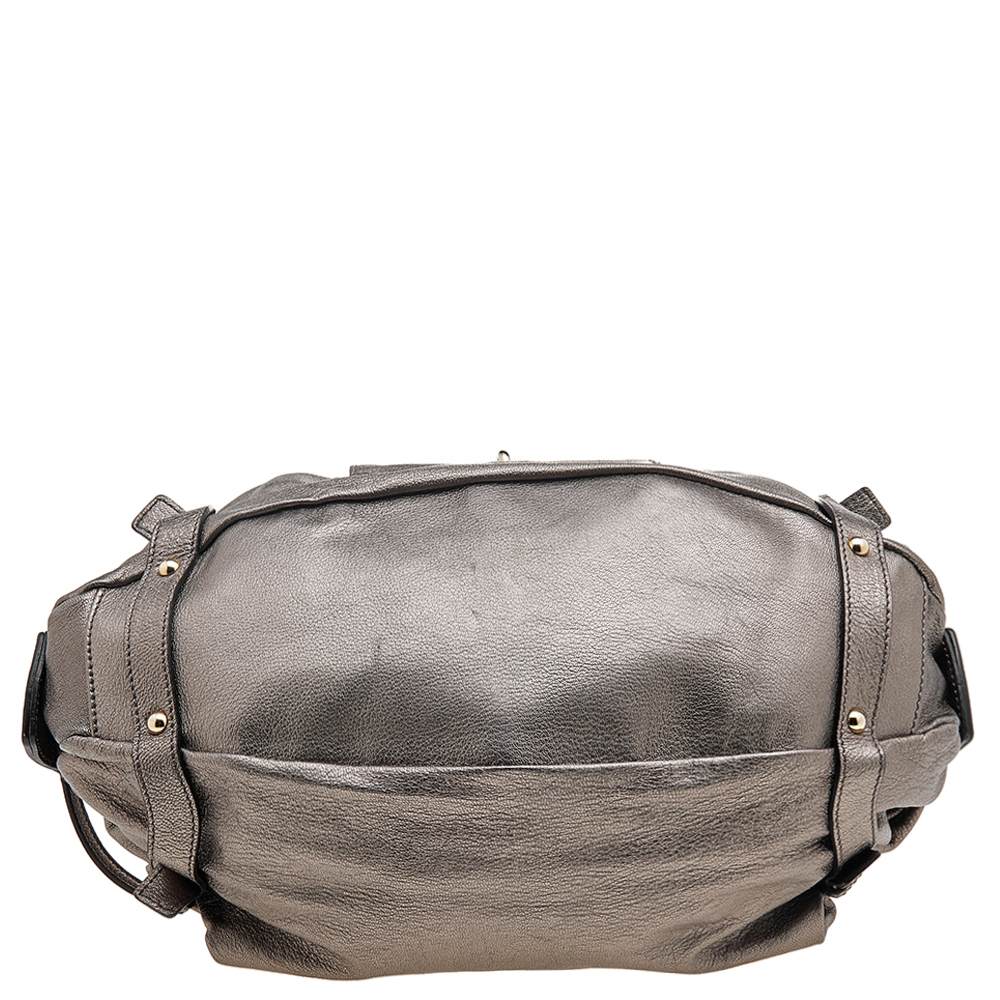 Salvatore Ferragamo Metallic Grey Leather Gancini Front Pocket Satchel