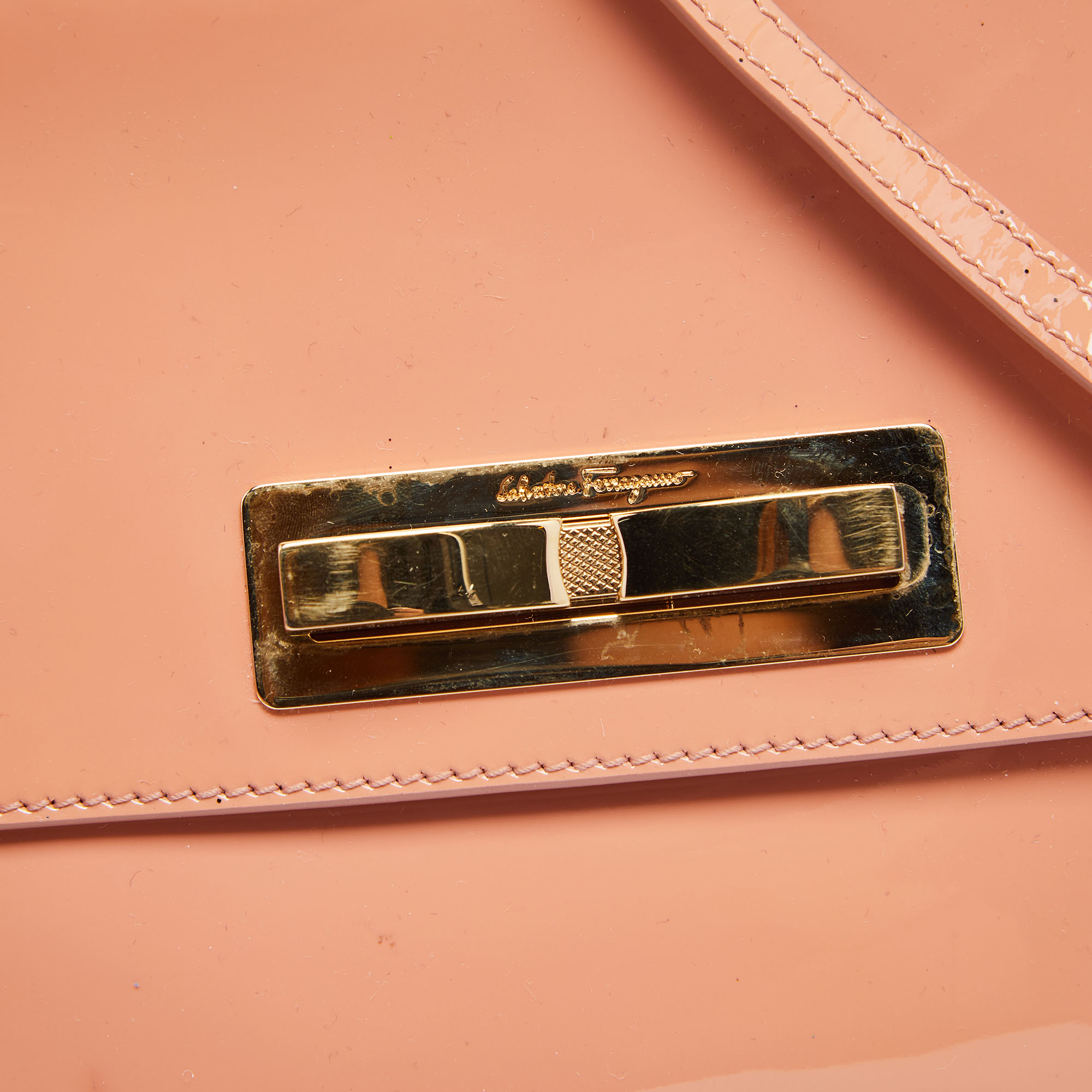 Salvatore Ferragamo Peach Patent Leather Metal Bow Flap Shoulder Bag