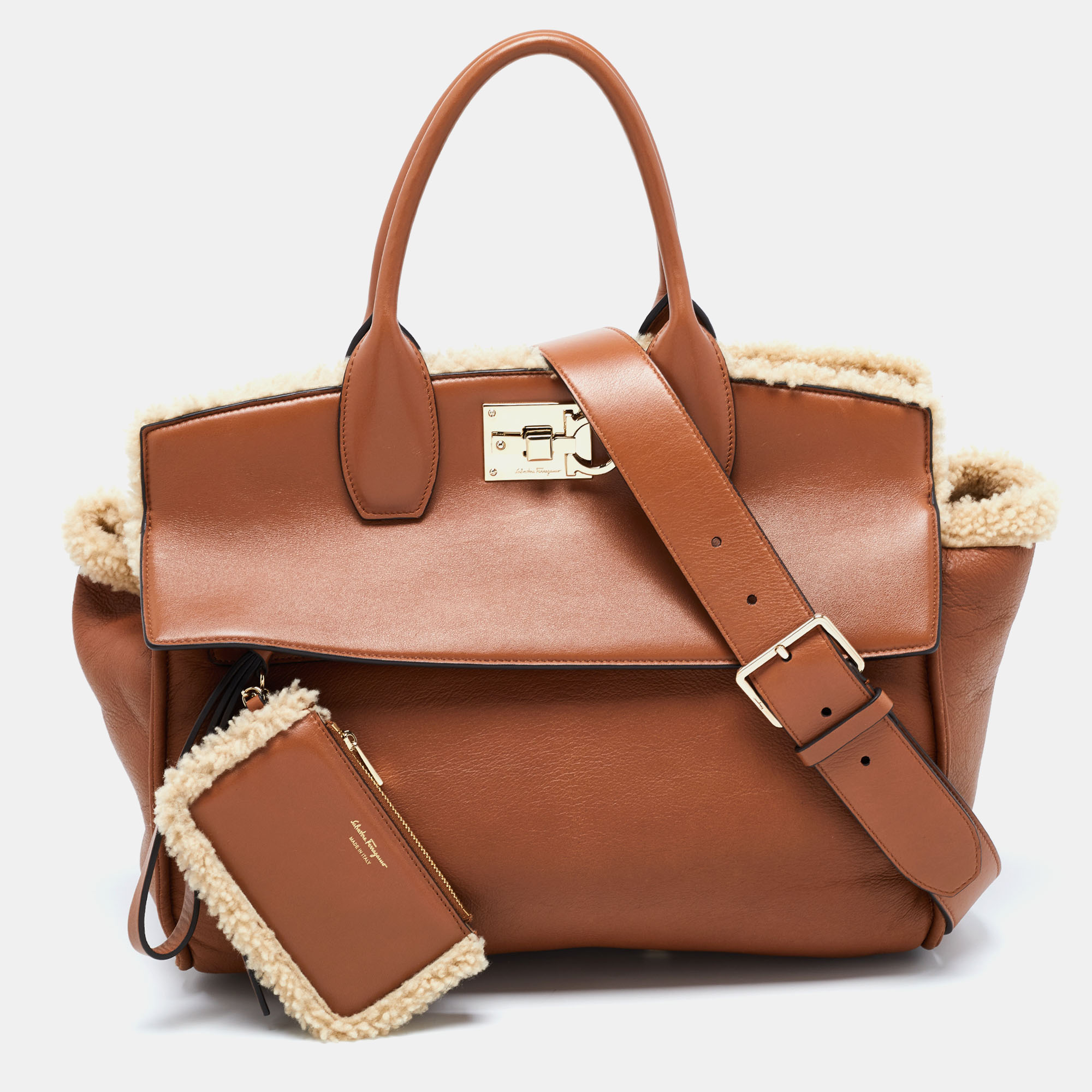 Salvatore Ferragamo Brown Leather And Shearling The Studio Top Handle Bag