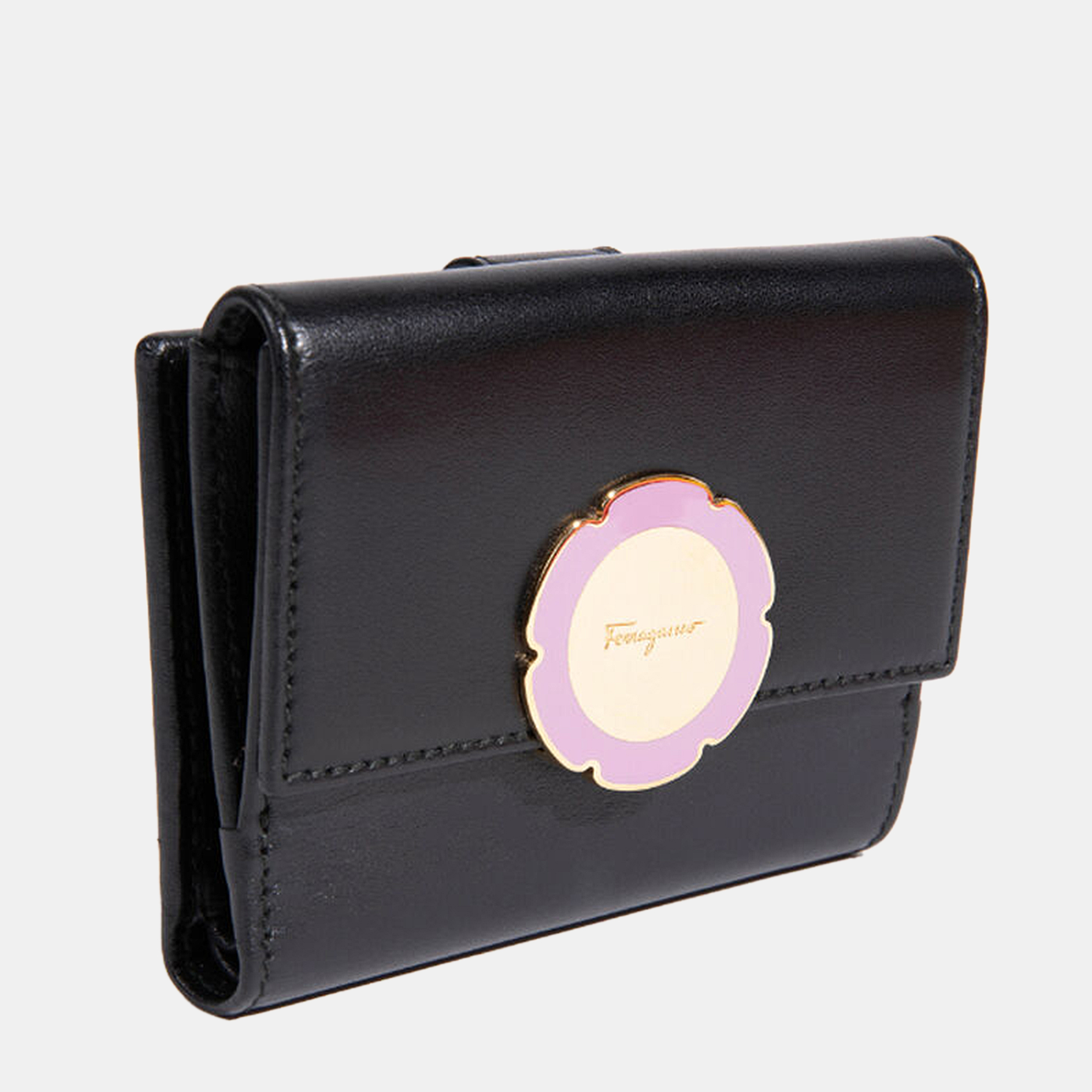 Salvatore Ferragamo Black  Leather Compact Wallet