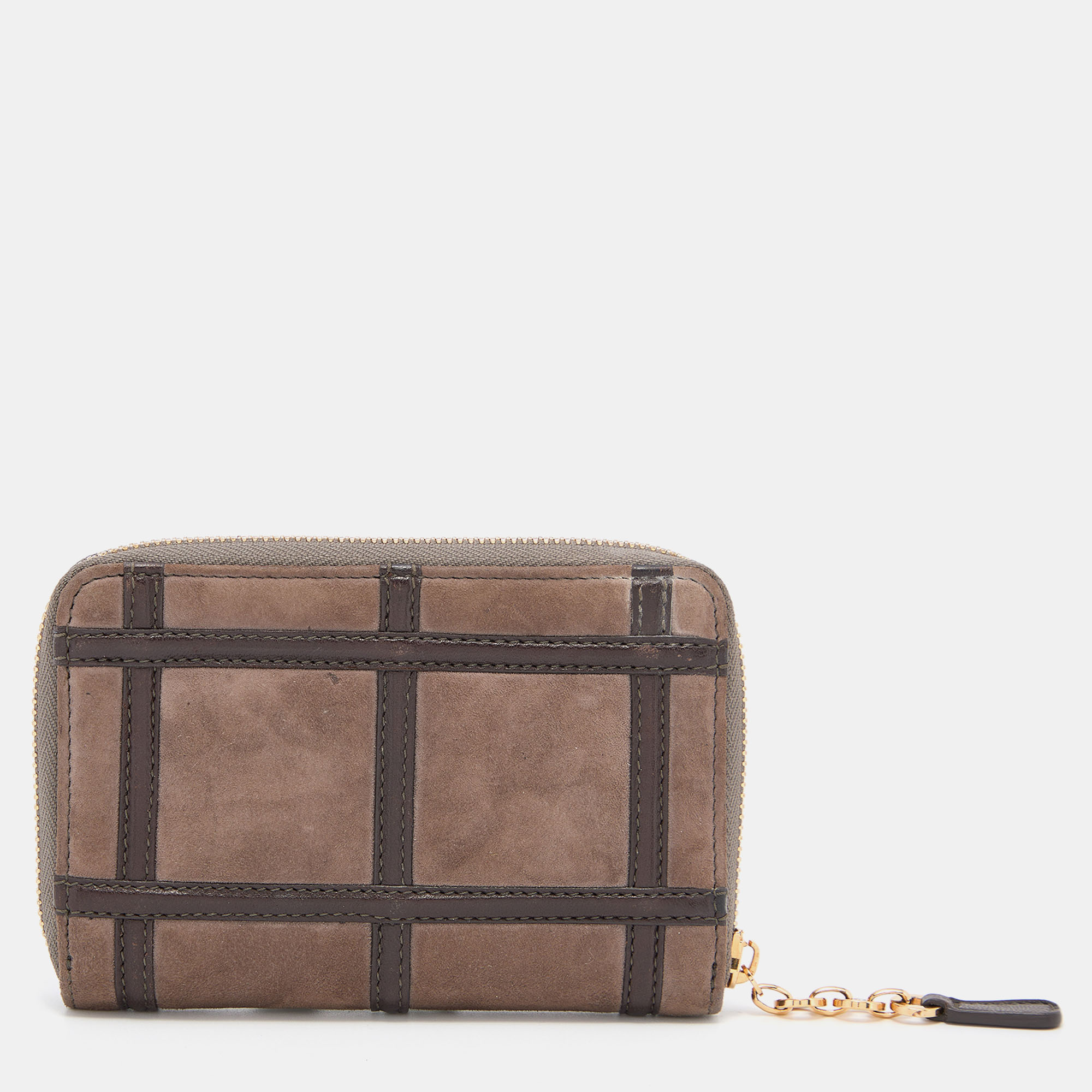 Salvatore Ferragamo Brown Alcantara And Leather Zip Around Compact Wallet