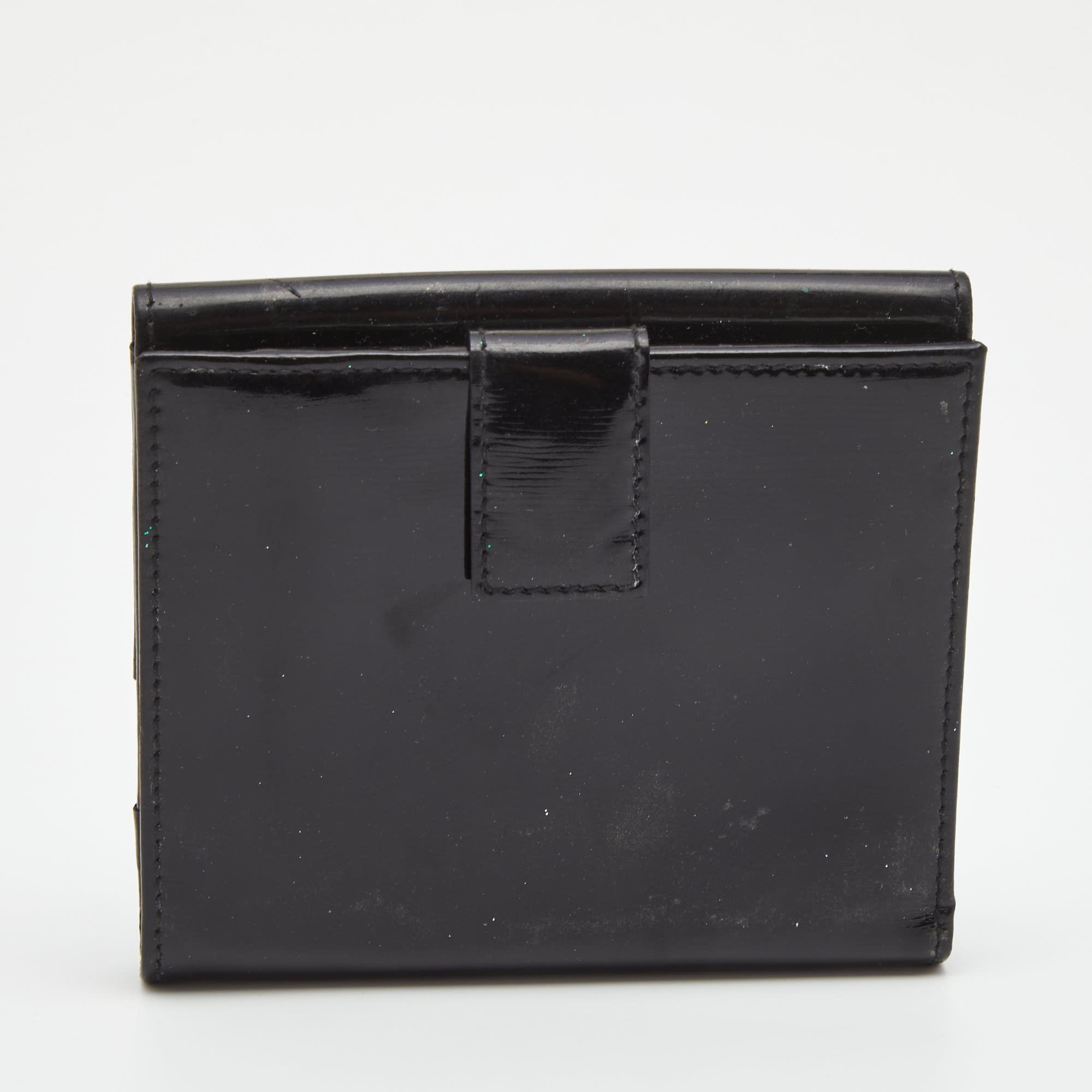 Salvatore Ferragamo Black Patent Leather Gancini Tri Fold Wallet