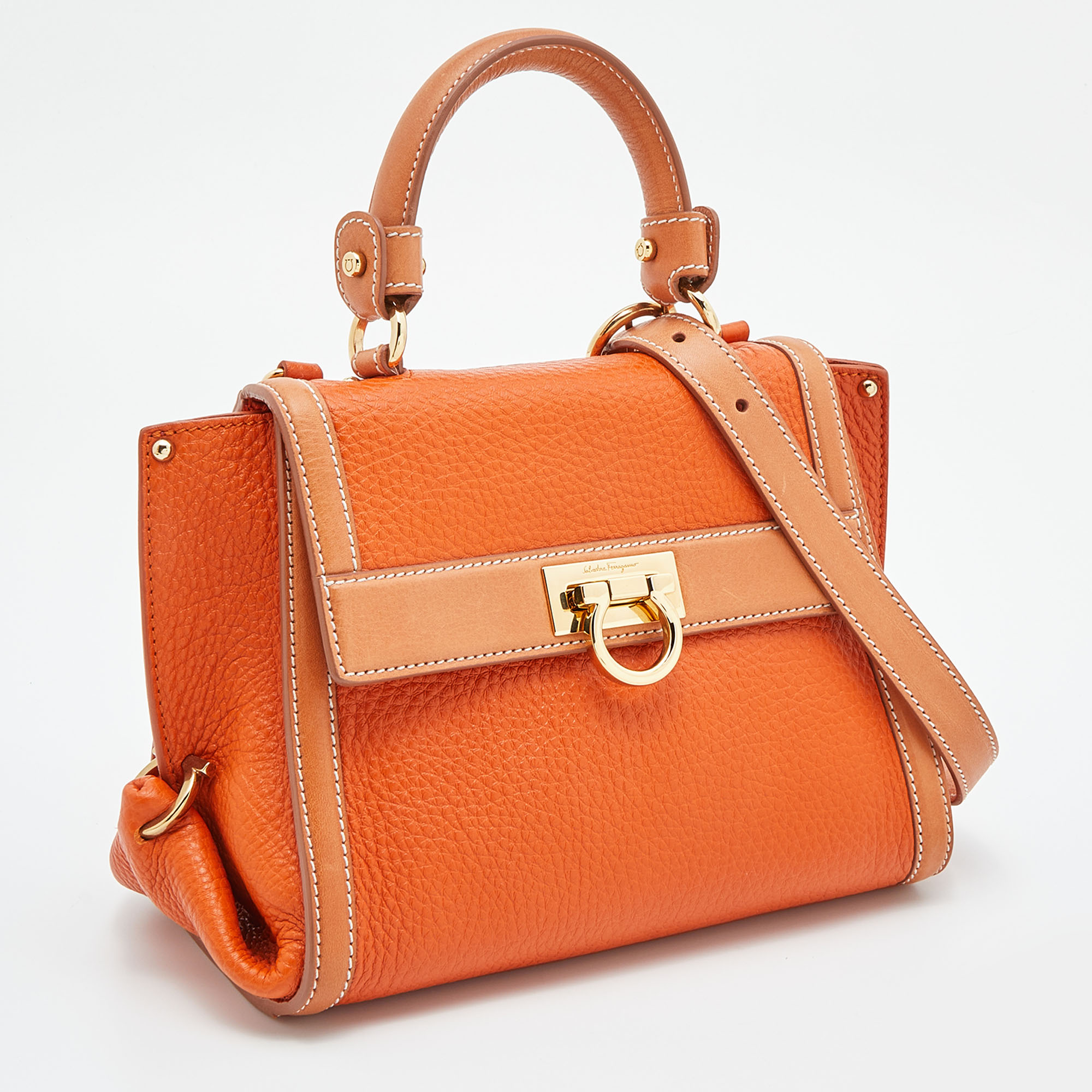 Salvatore Ferragamo Two Tone Orange Leather Small Sofia Top Handle Bag