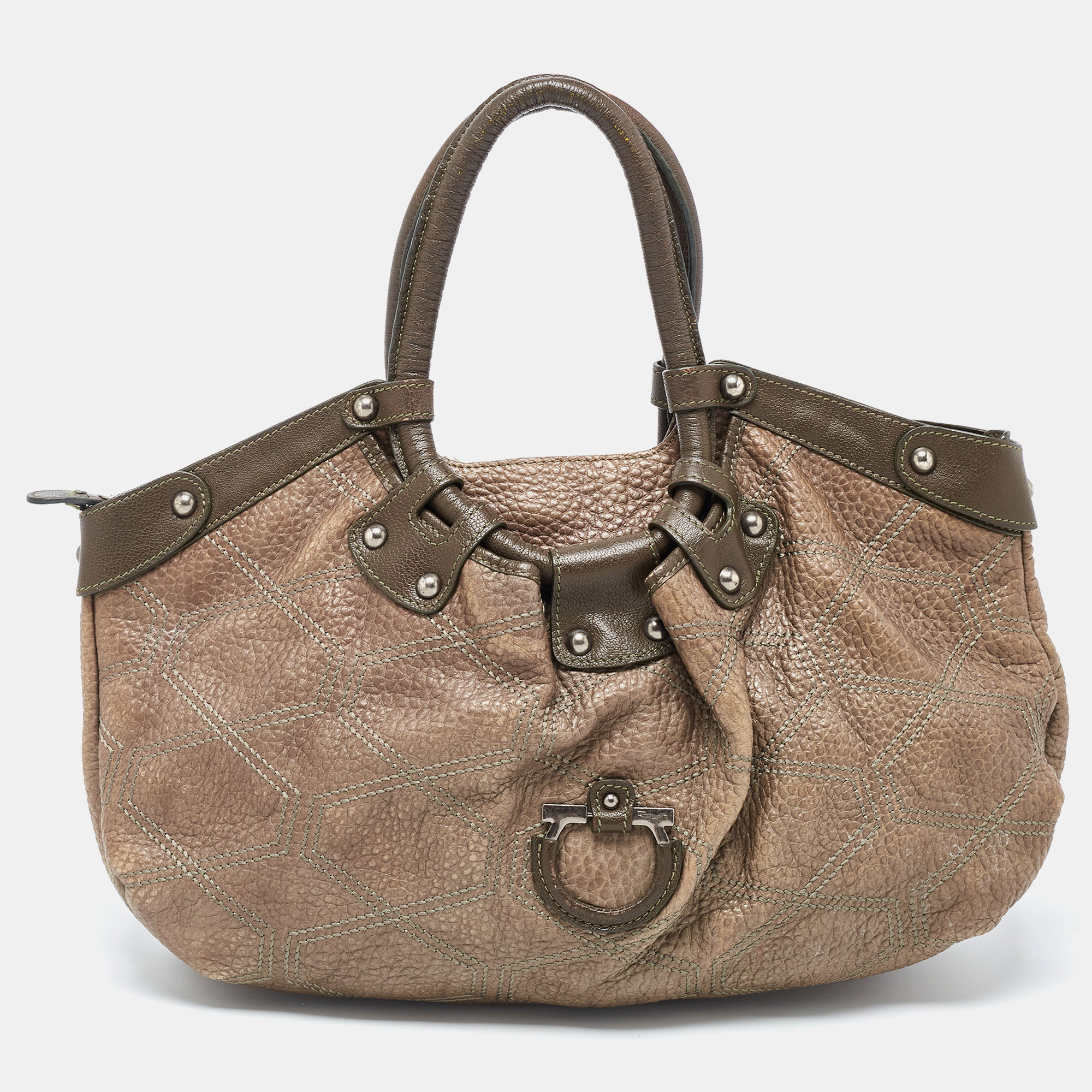 Salvatore Ferragamo Olive Green Quilted Leather Gancini Hobo