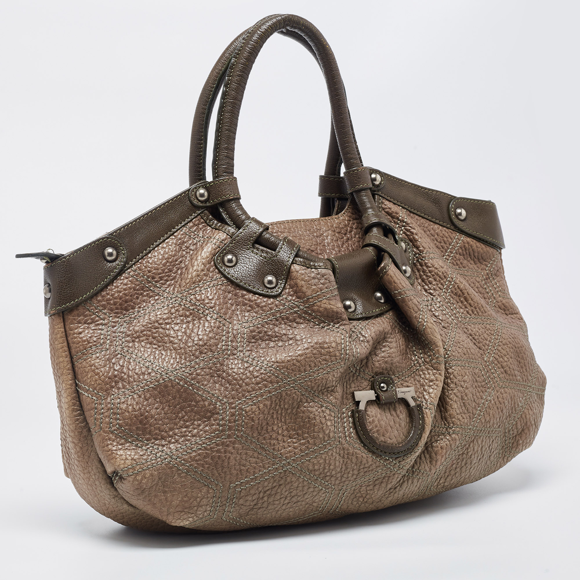 Salvatore Ferragamo Olive Green Quilted Leather Gancini Hobo