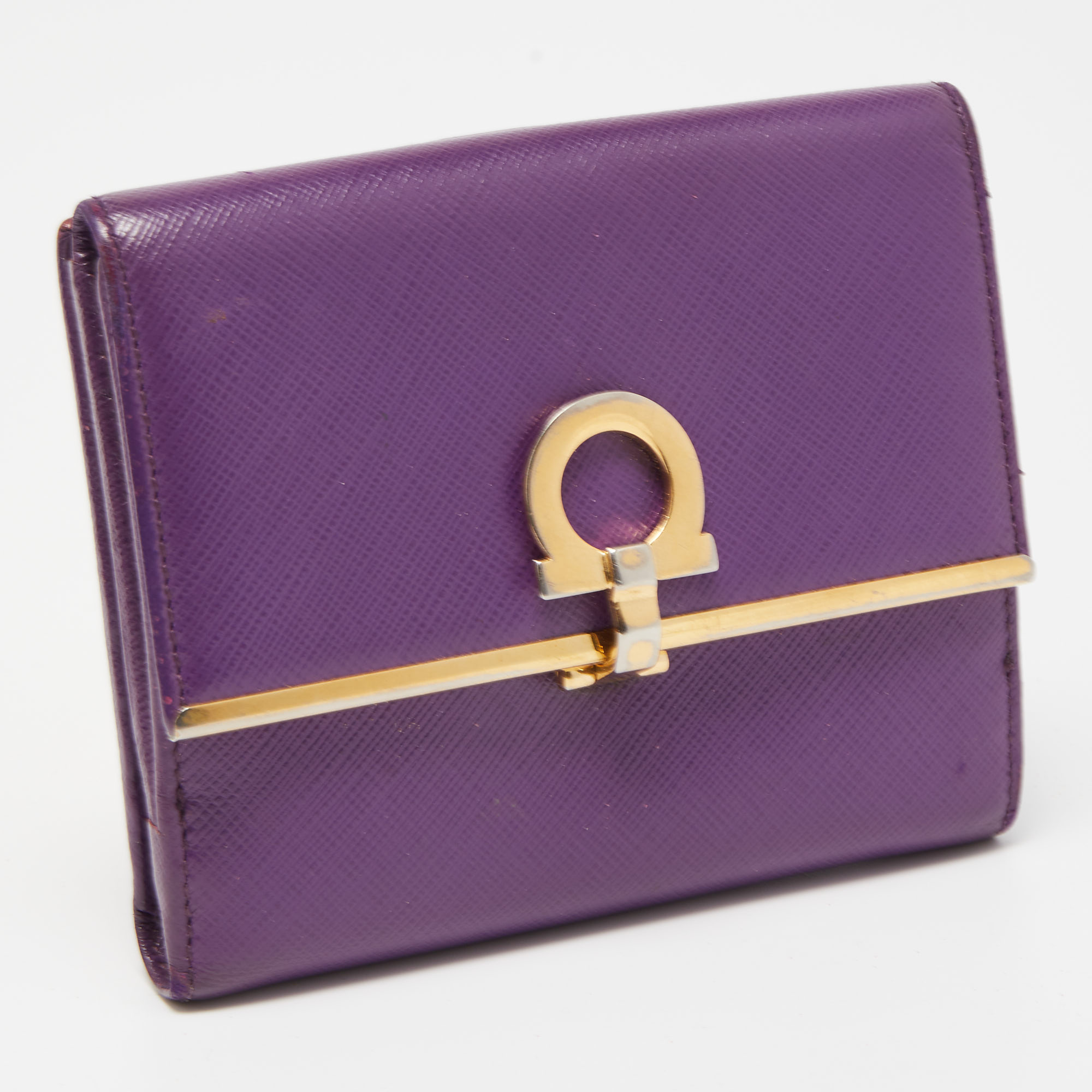 Salvatore Ferragamo Purple Leather Gancini Clip Compact Wallet