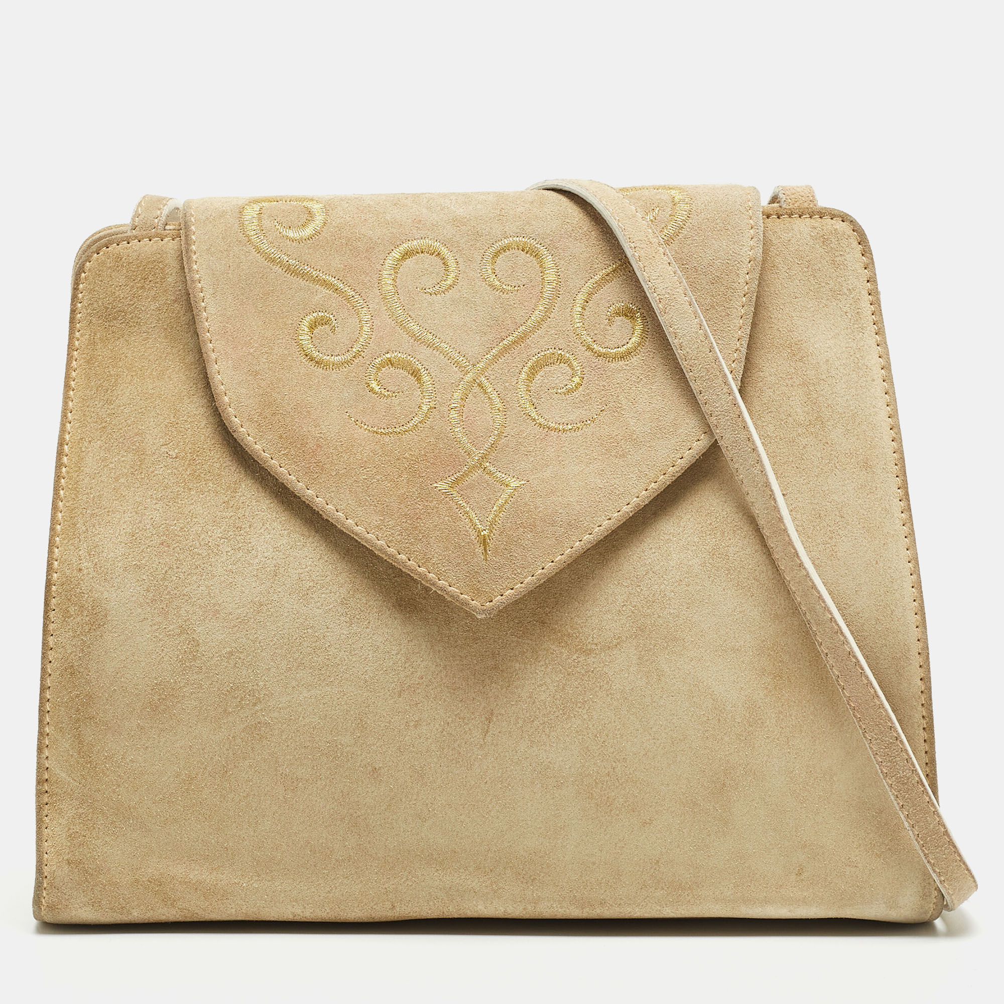 Salvatore Ferragamo Cream Suede And Leather Embroidered Flap Crossbody Bag