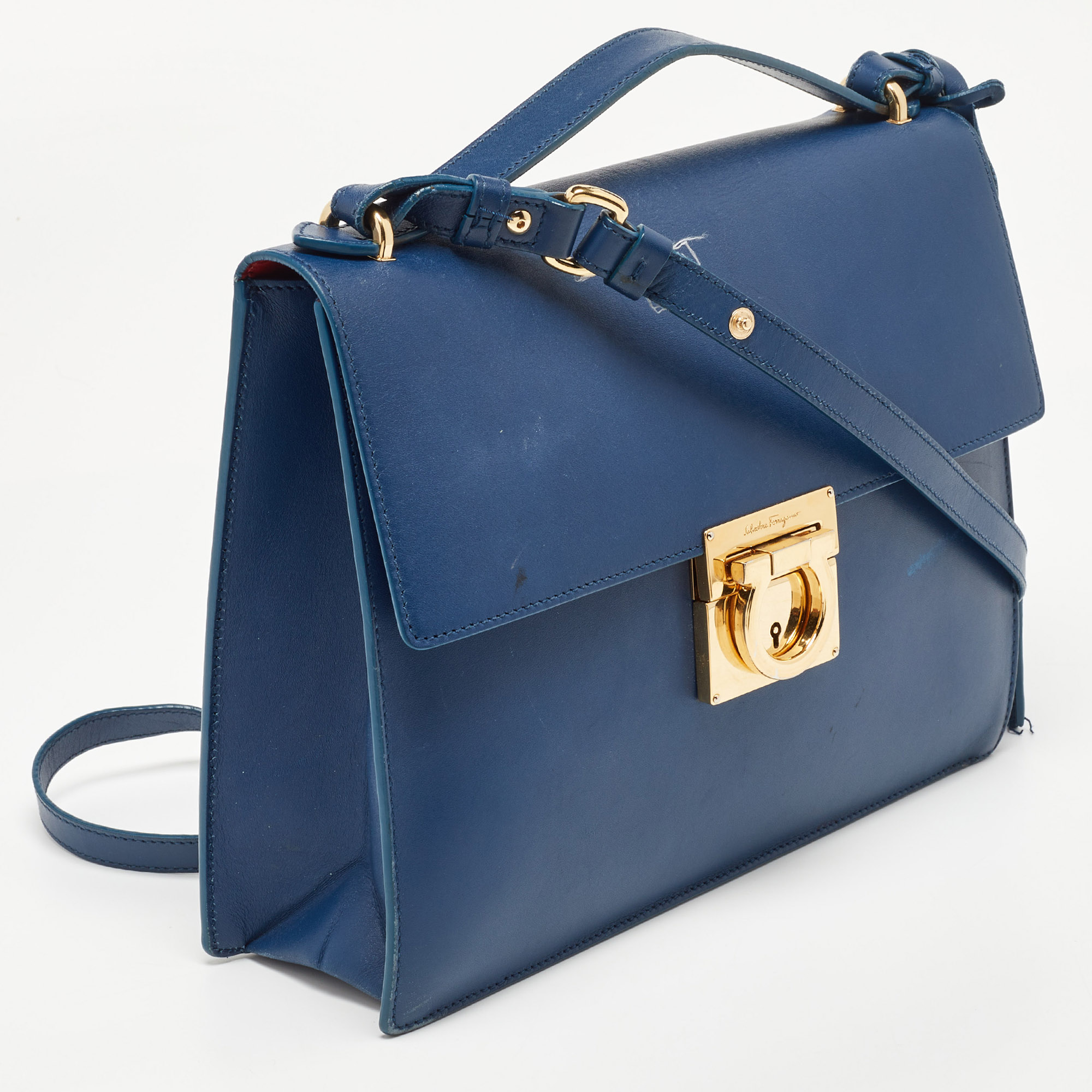 Salvatore Ferragamo Navy Blue Leather Gancio Lock Shoulder Bag