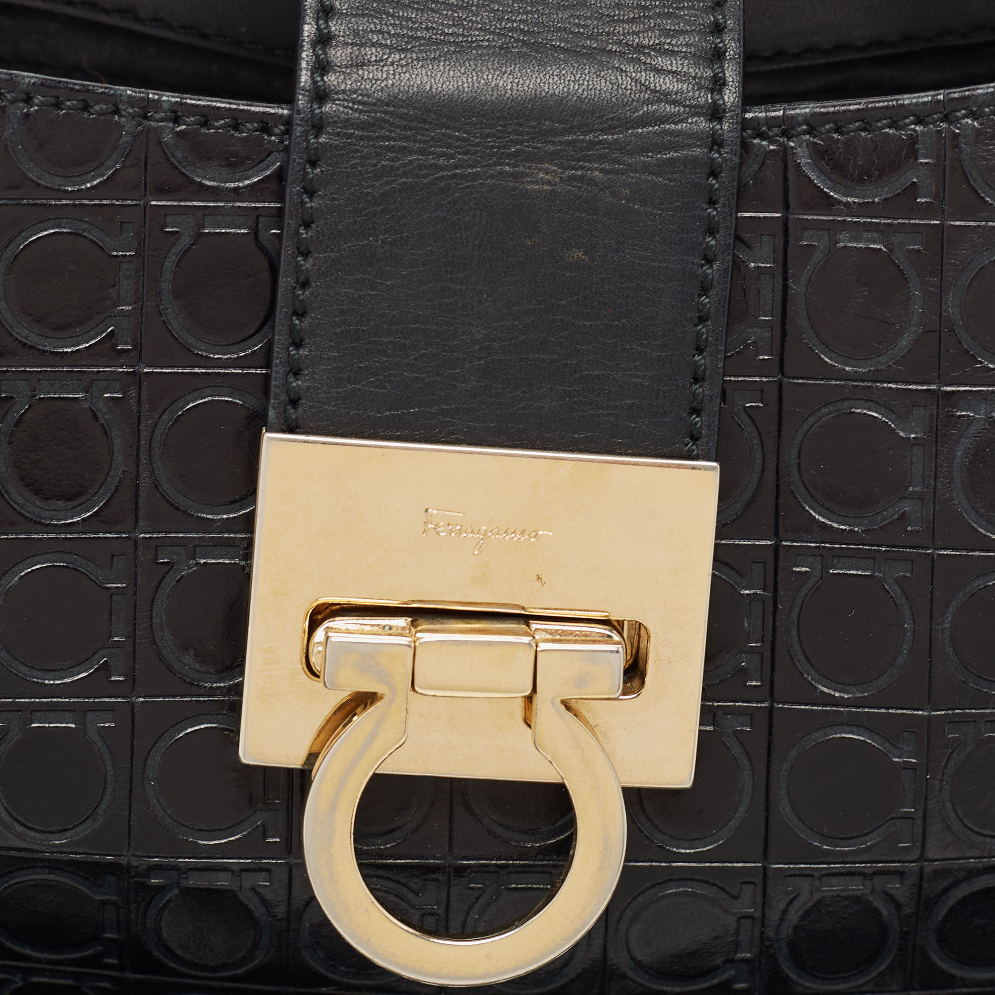 Salvatore Ferragamo Black Gancini Embossed Leather Shoulder Bag