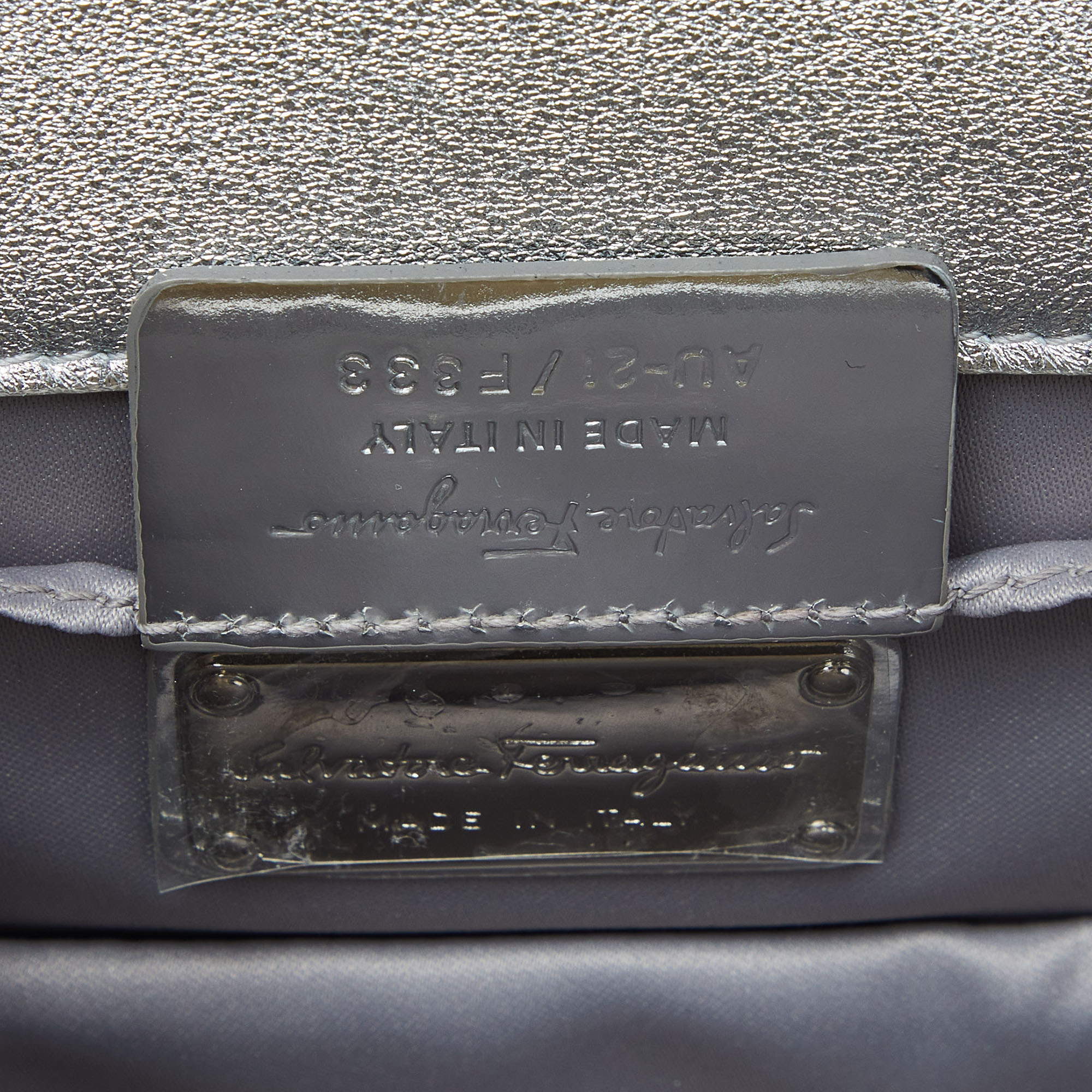 Salvatore Ferragamo Silver Glitter And Laminated Leather Top Handle Bag