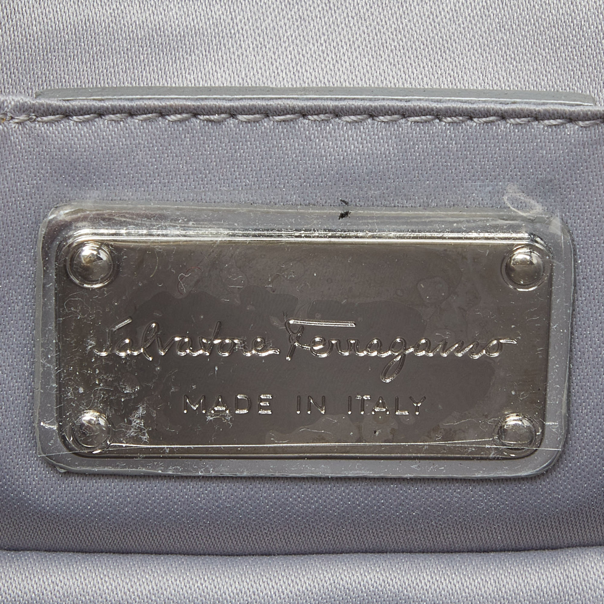 Salvatore Ferragamo Silver Glitter And Laminated Leather Top Handle Bag