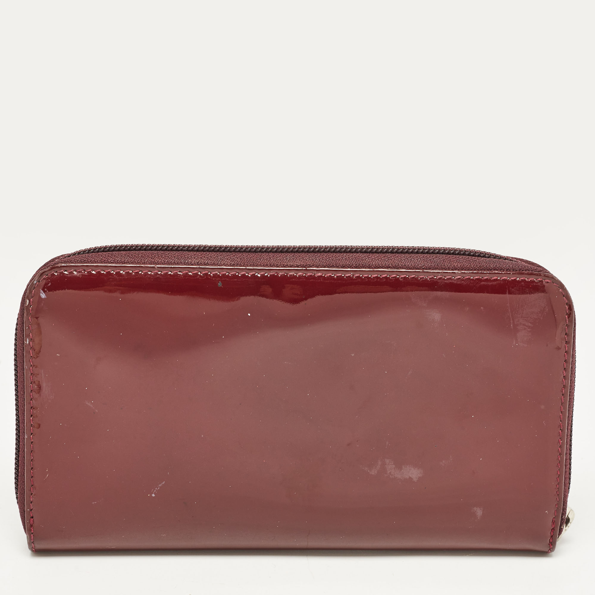Salvatore Ferragamo Burgundy Patent Leather Vara Bow Zip Around Wallet