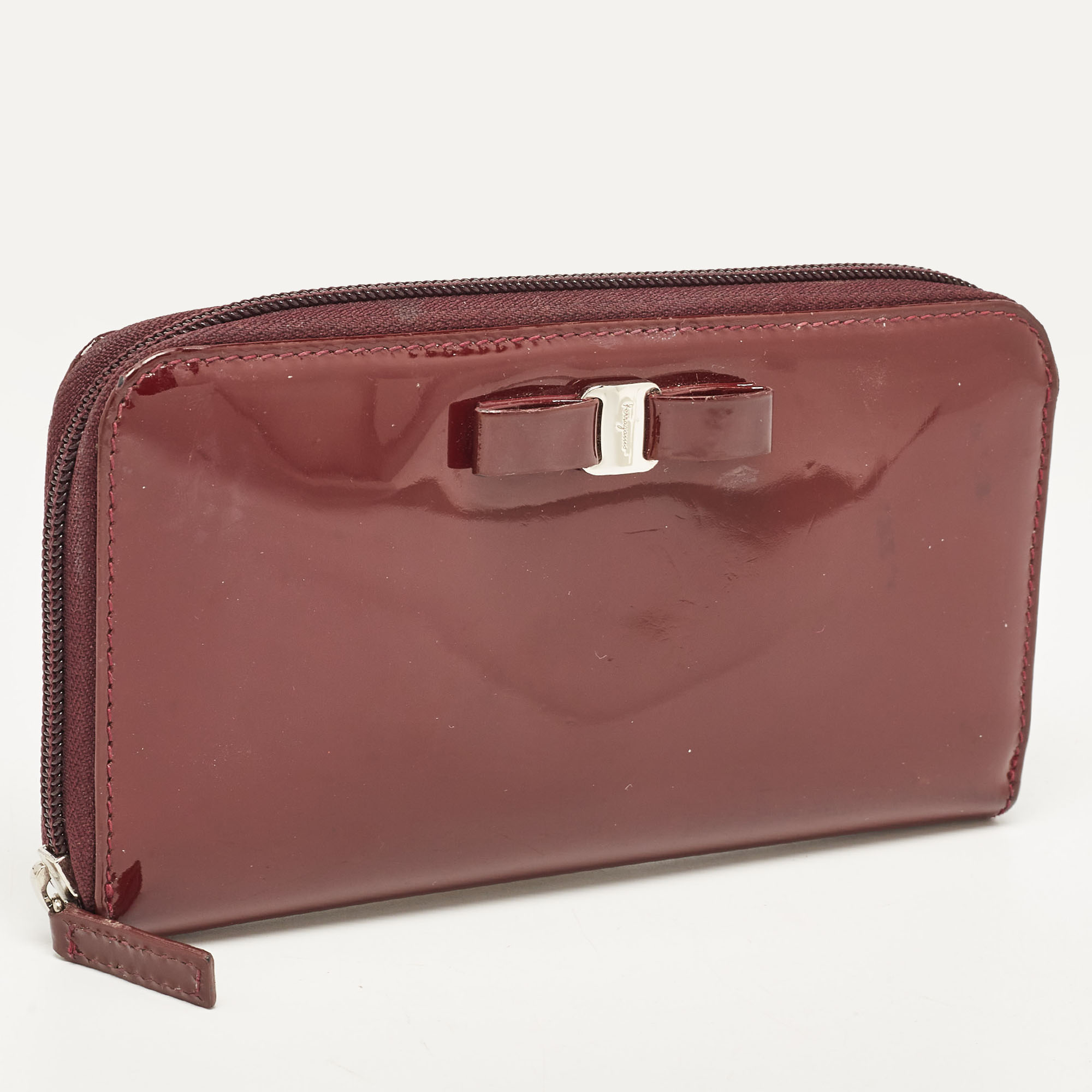 Salvatore Ferragamo Burgundy Patent Leather Vara Bow Zip Around Wallet