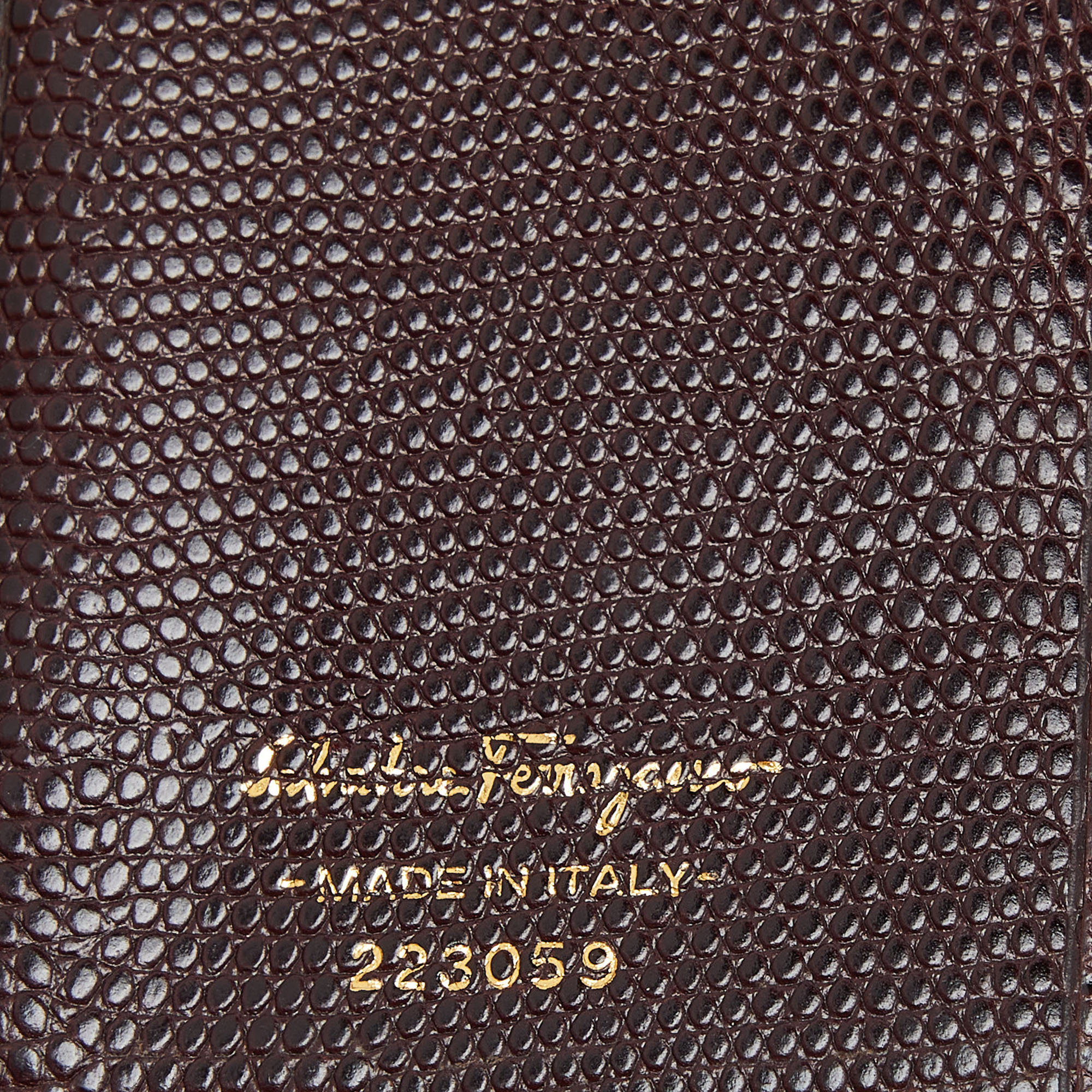 Salvatore Ferragamo Burgundy Lizard Embossed Leather Vara Bow Continental Wallet
