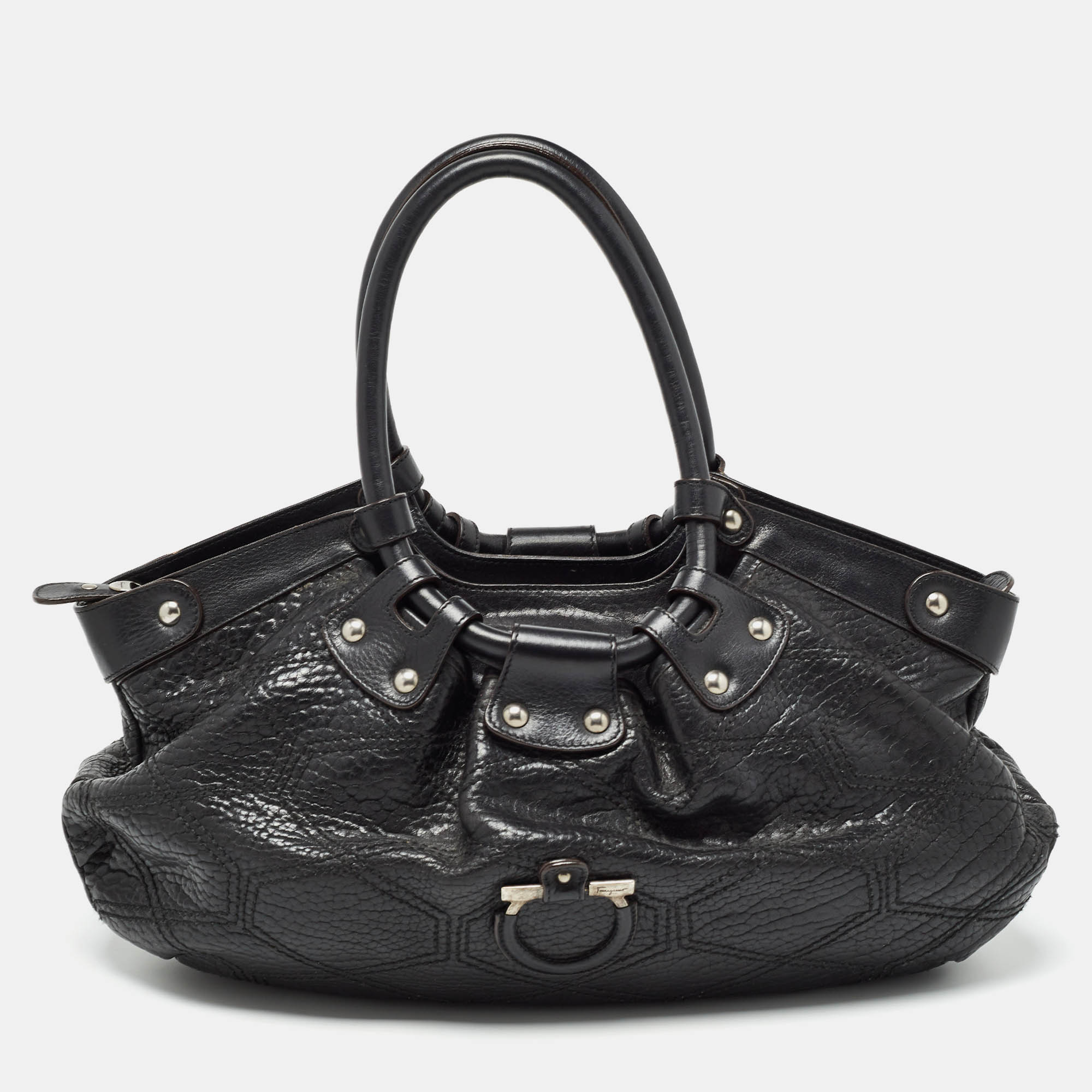 Salvatore ferragamo black pebbled leather satchel