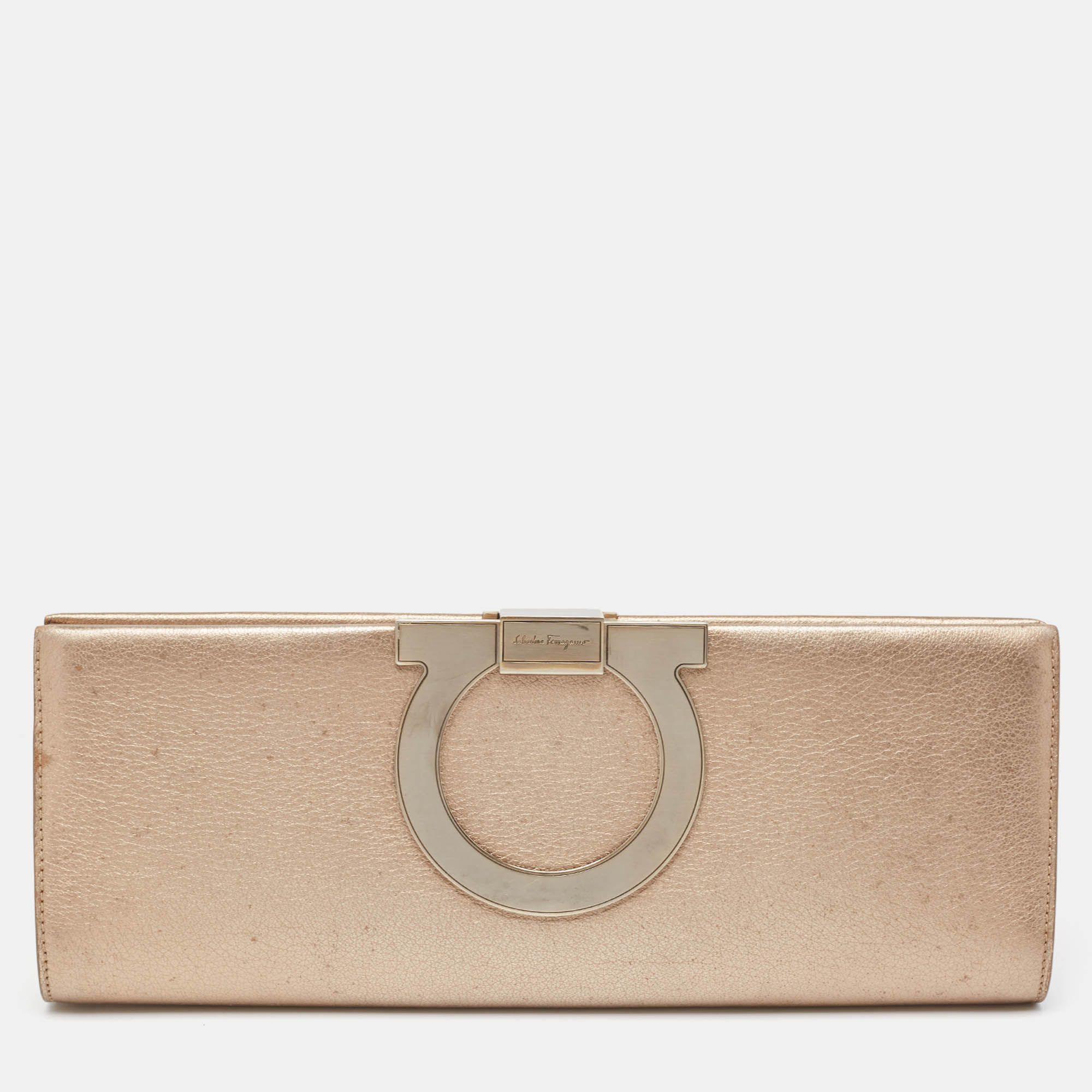 Salvatore ferragamo metallic beige leather musa gancini clutch