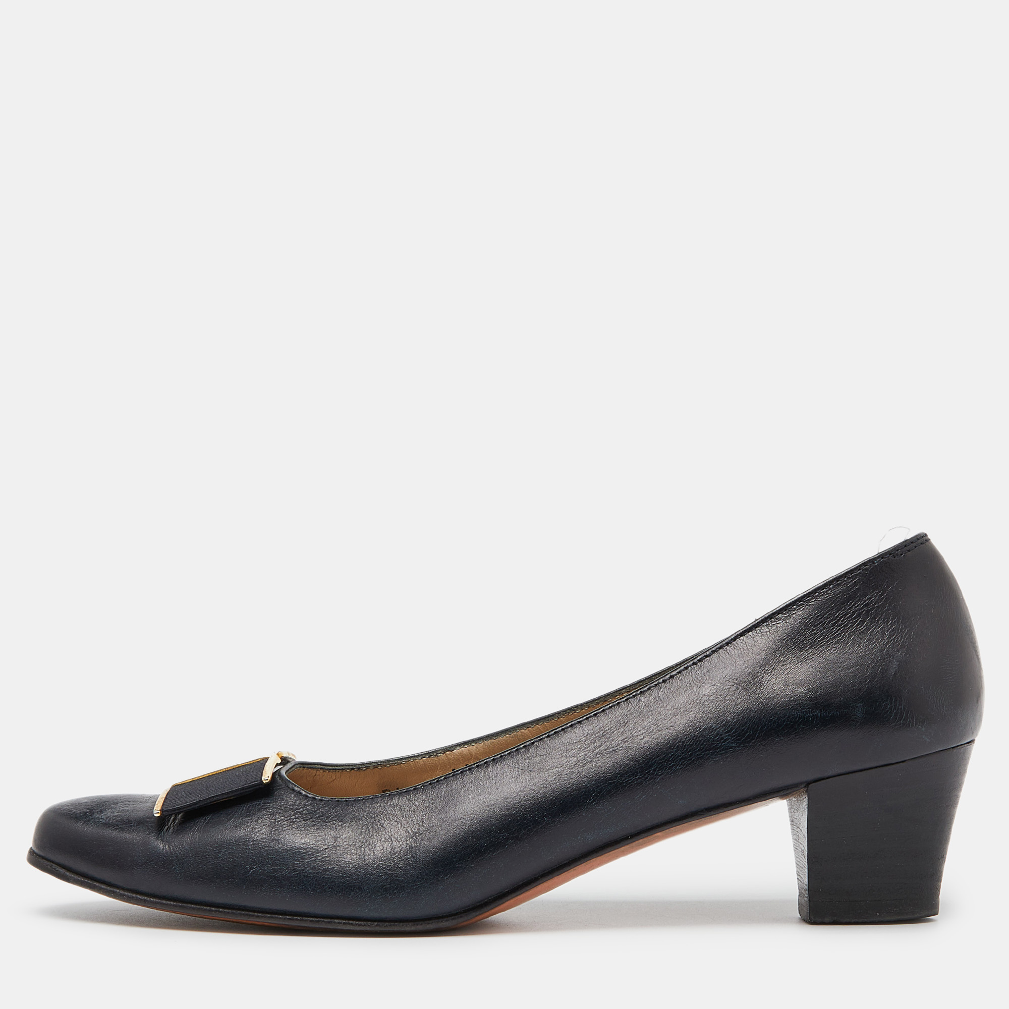 Salvatore ferragamo blue leather block heel pumps size 38.5