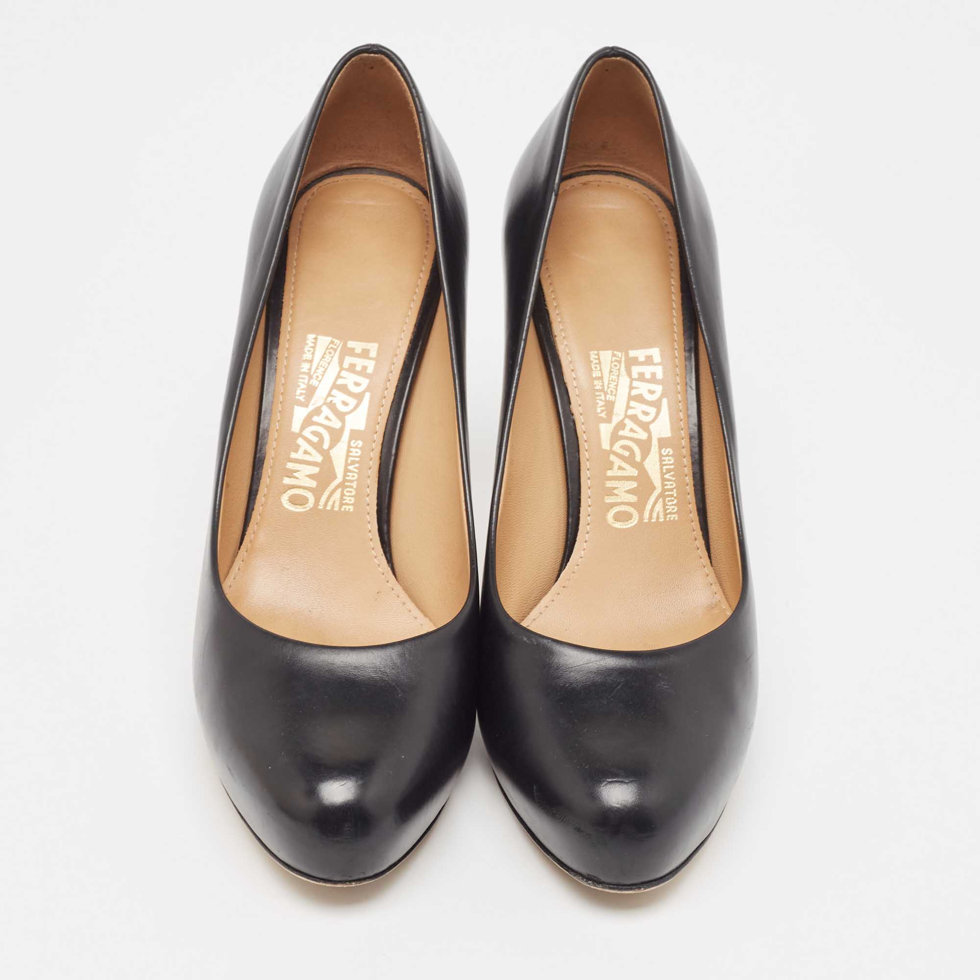 Salvatore Ferragamo Black Leather Round Toe Pumps Size 37.5