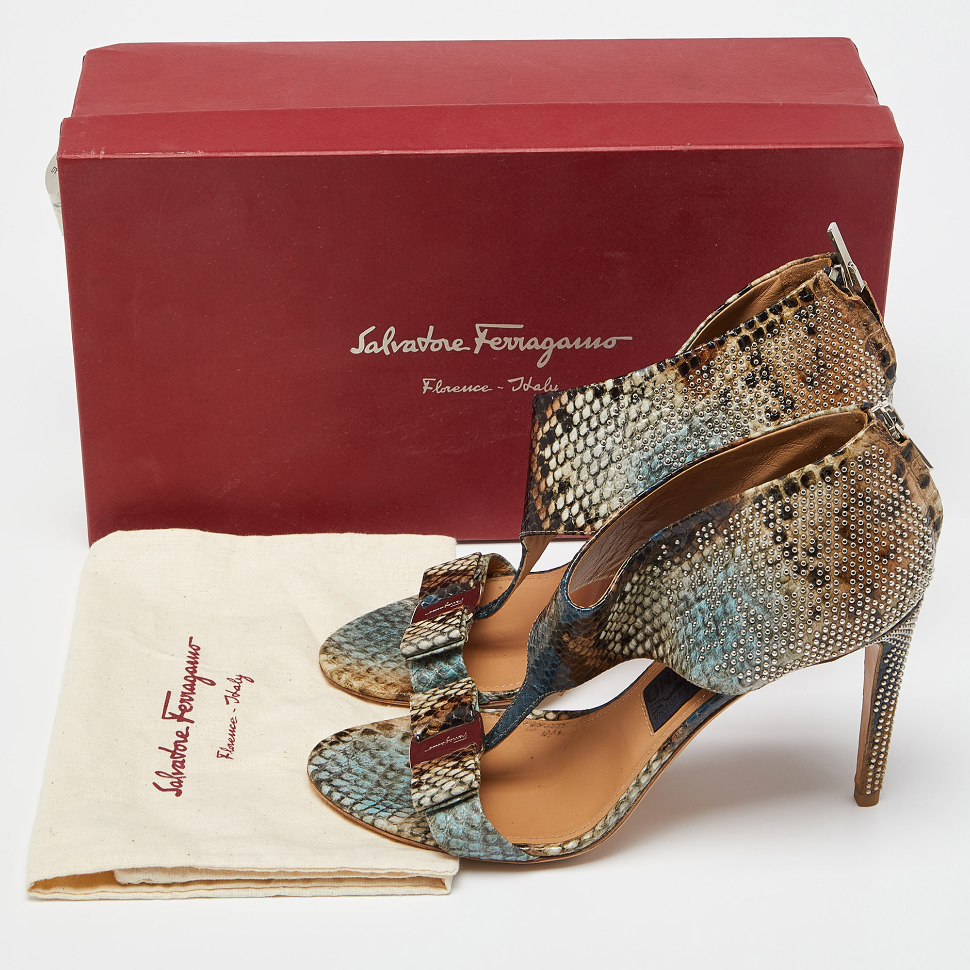 Salvatore Ferragamo Multicolor Python Embossed Leather Bow T Strap Sandals Size 38