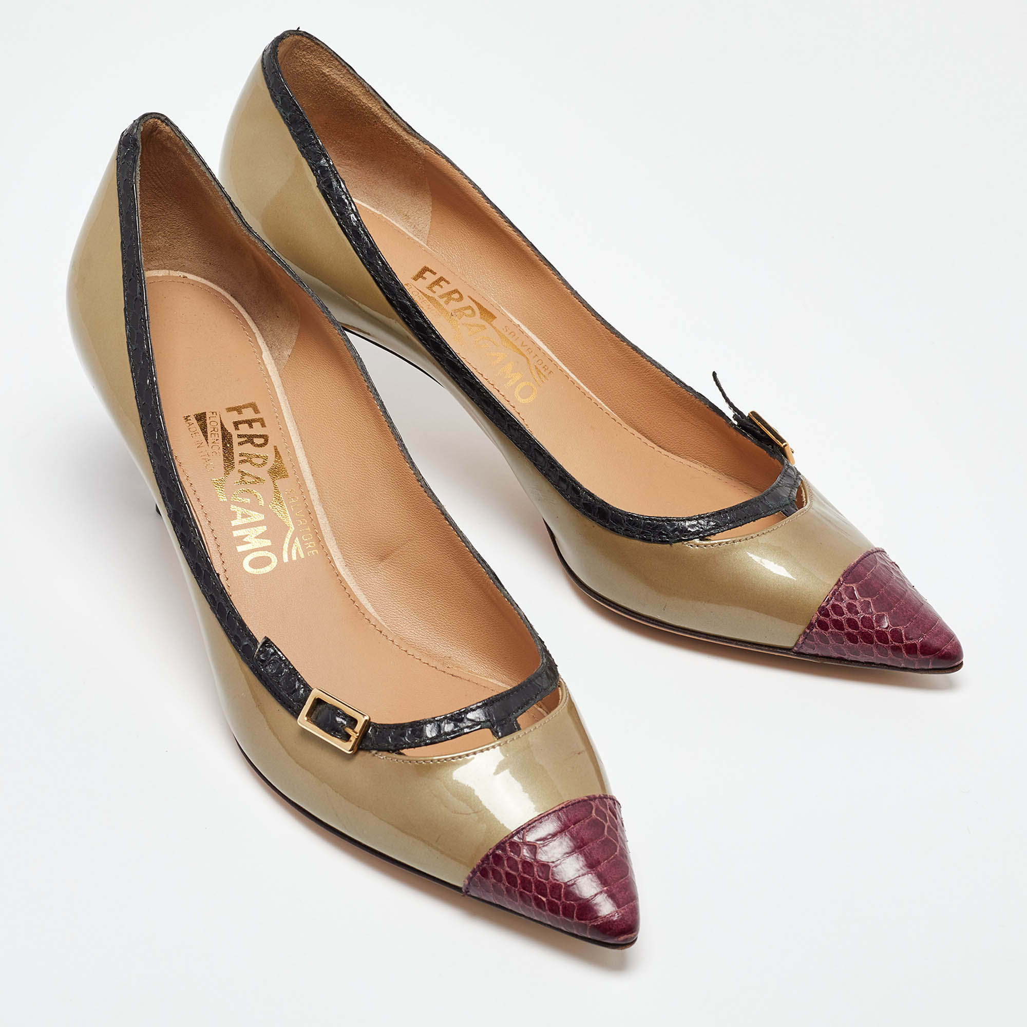 Salvatore Ferragamo Tri Color Python Embossed And Patent Leather Pointed Toe Pumps Size 38