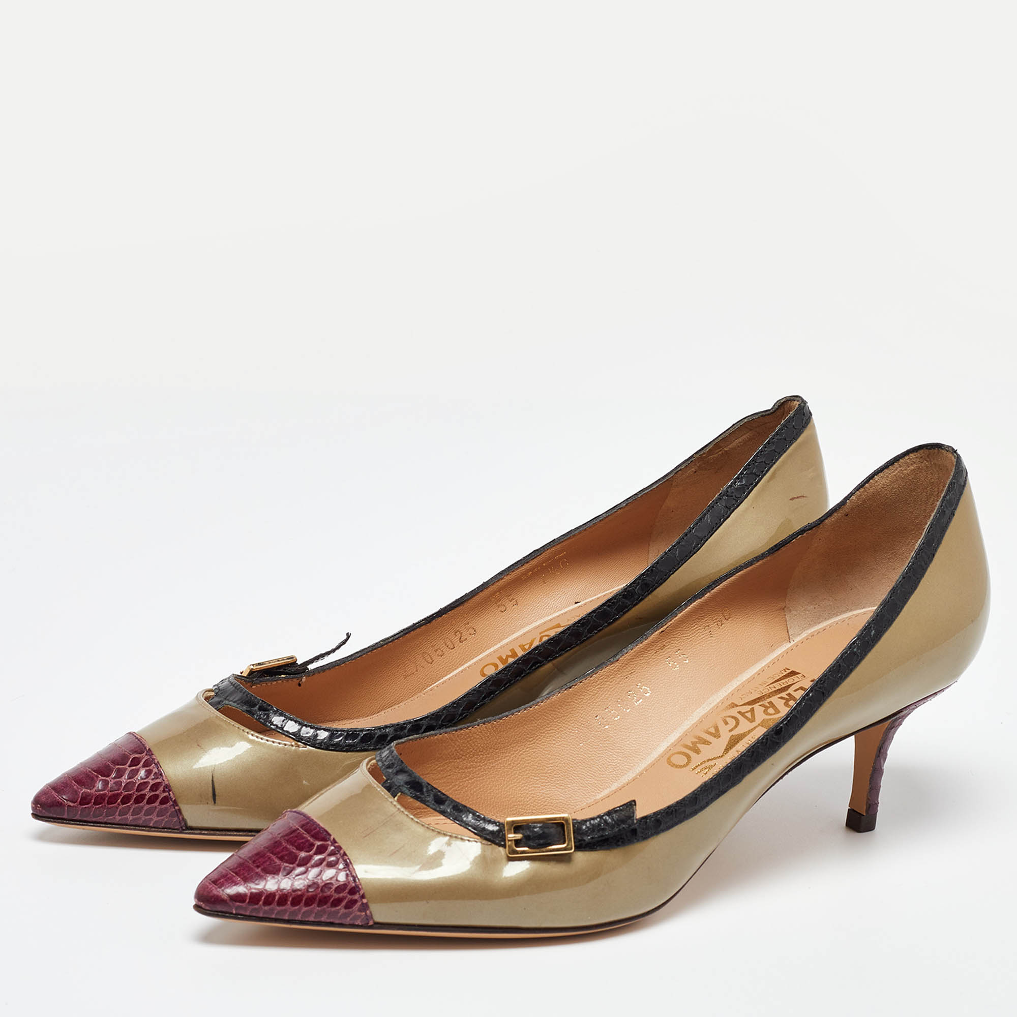 Salvatore Ferragamo Tri Color Python Embossed And Patent Leather Pointed Toe Pumps Size 38