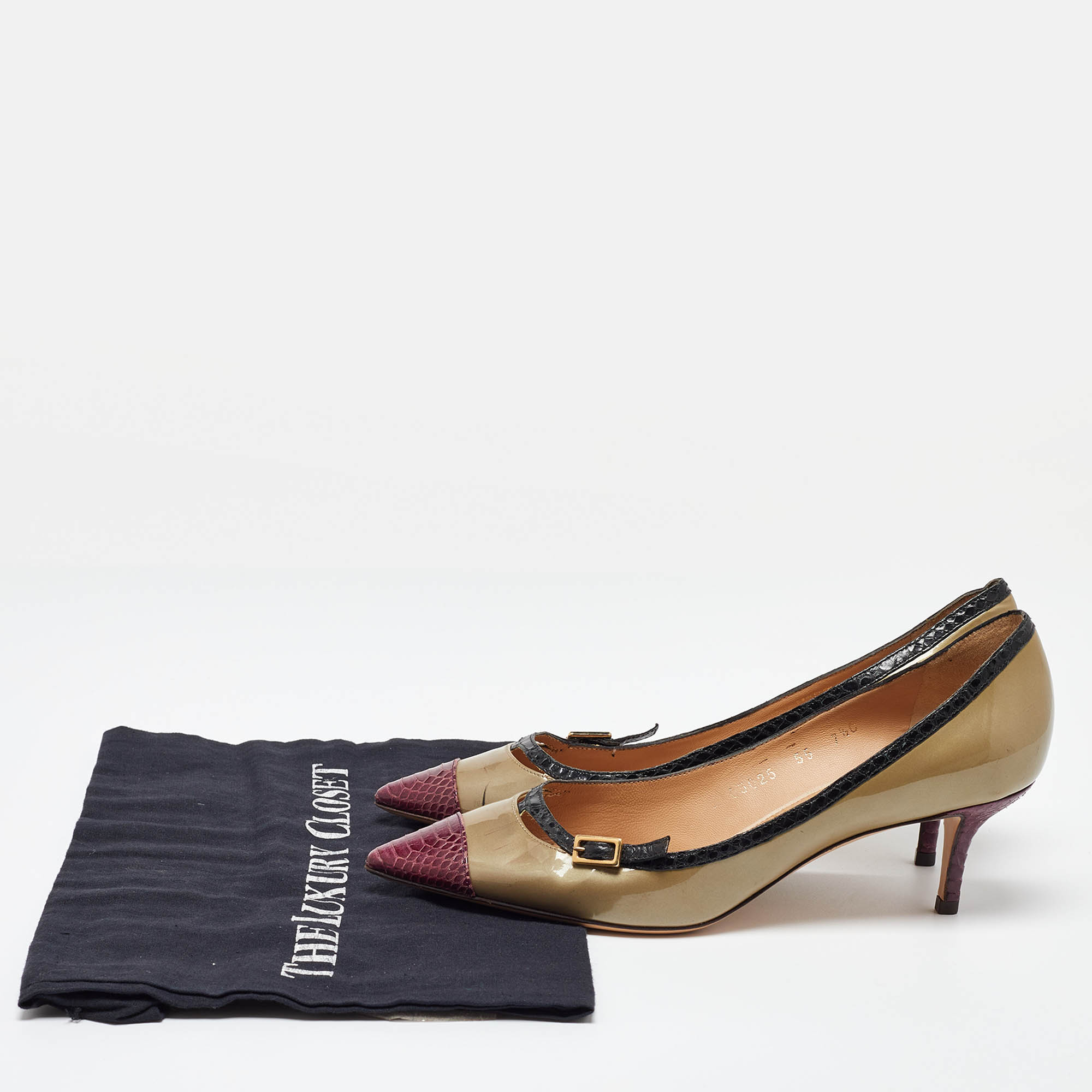 Salvatore Ferragamo Tri Color Python Embossed And Patent Leather Pointed Toe Pumps Size 38