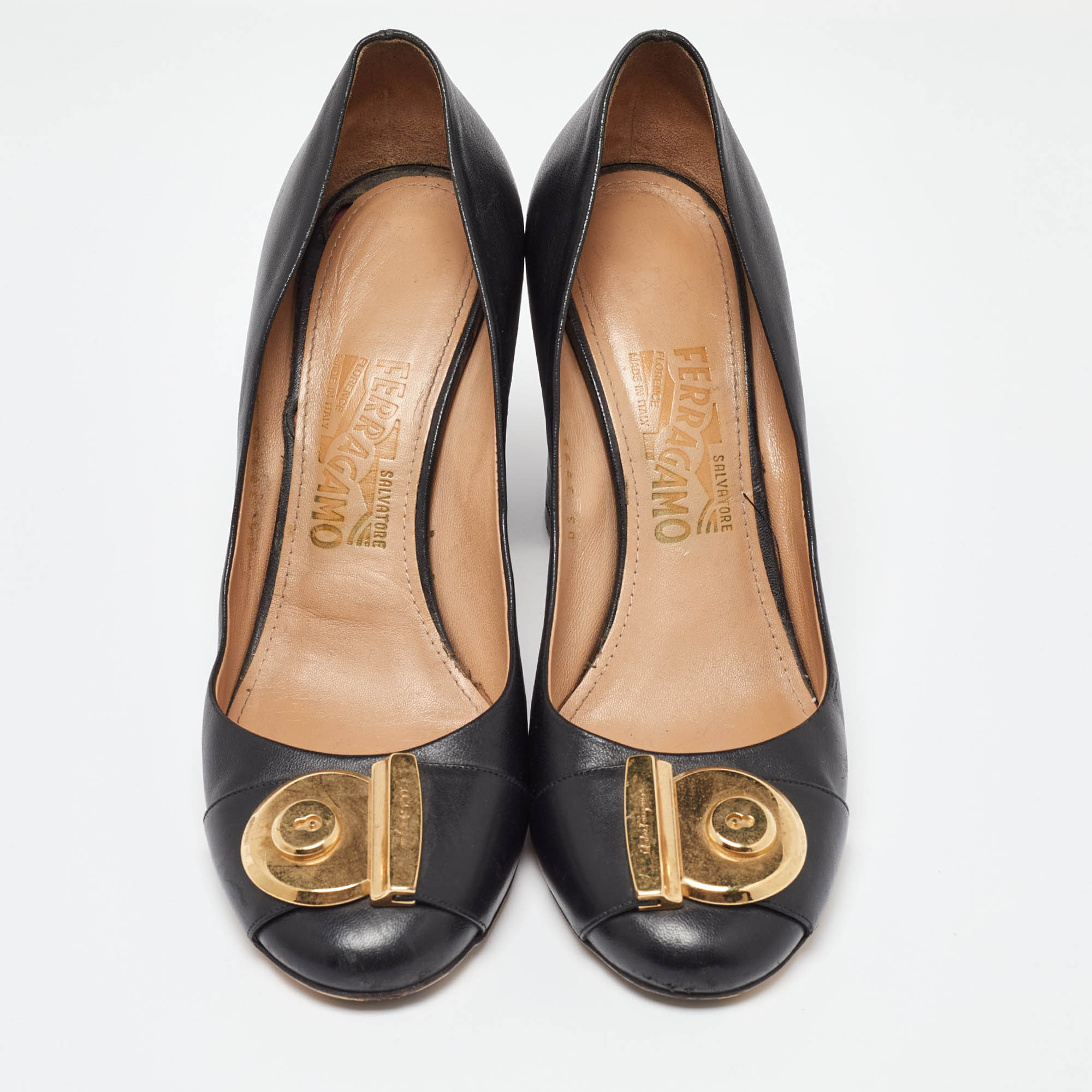 Salvatore Ferragamo Black Leather Buckle Block Heel Pumps Size 39