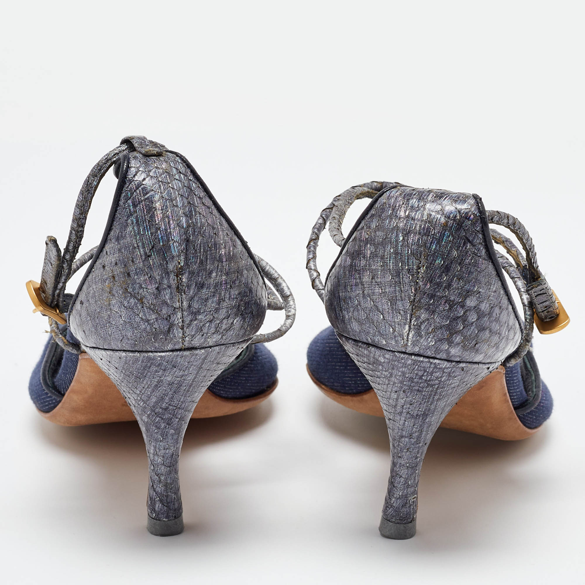 Salvatore Ferragamo Blue Denim And Snakeskin Leather Sandals Size 37.5