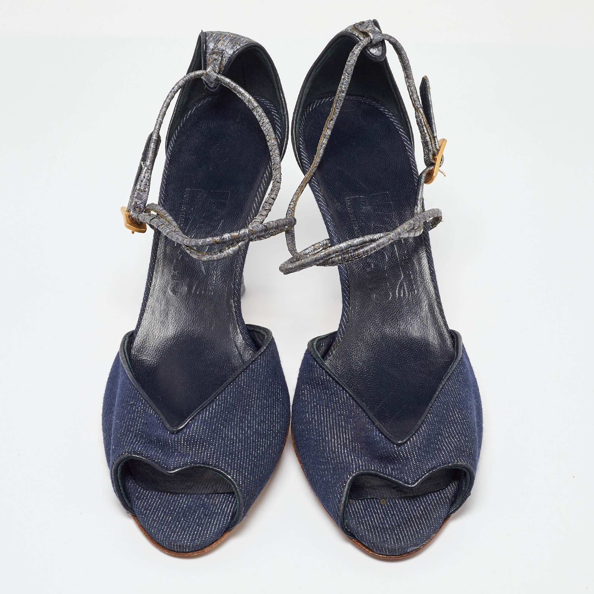 Salvatore Ferragamo Blue Denim And Snakeskin Leather Sandals Size 37.5