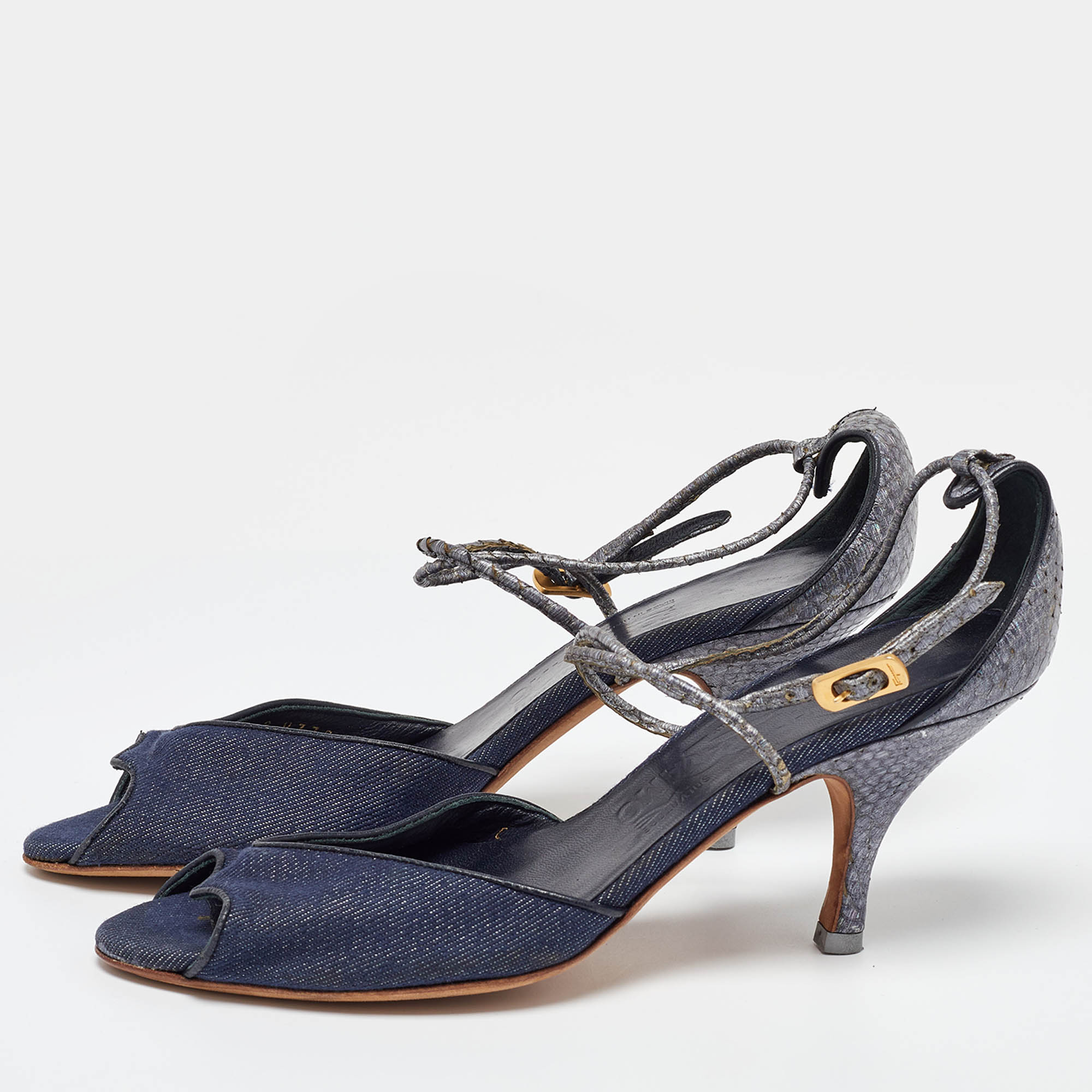 Salvatore Ferragamo Blue Denim And Snakeskin Leather Sandals Size 37.5