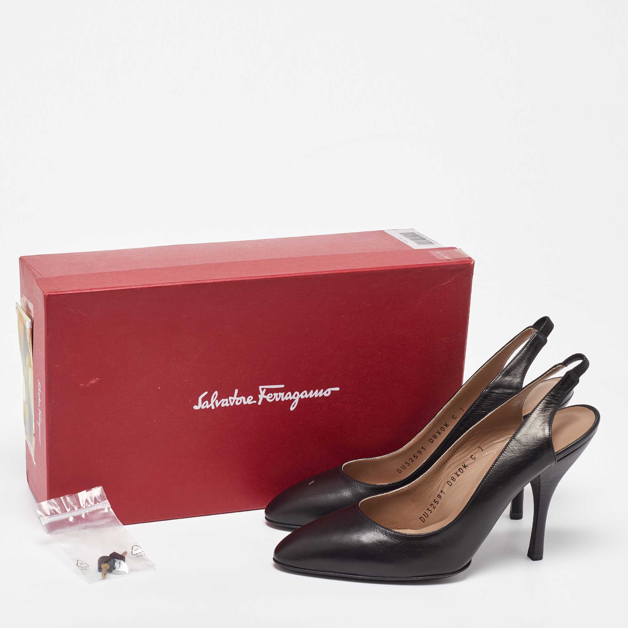 Salvatore Ferragamo Black Leather Slingback Pumps Size 37.5