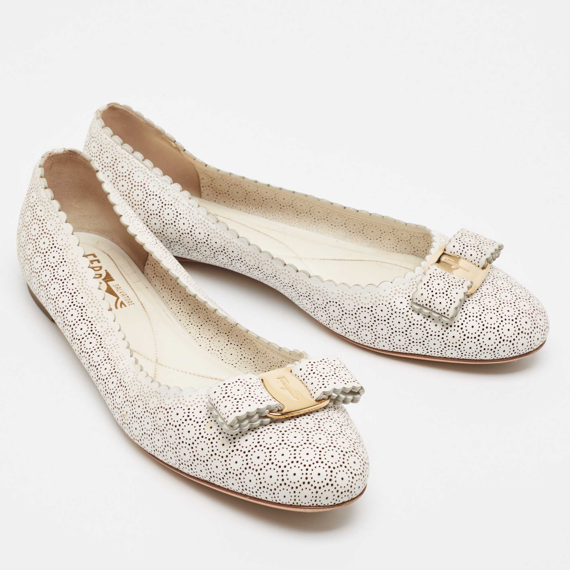 Salvatore Ferragamo White Perforated Leather Varina Ballet Flats Size 39.5