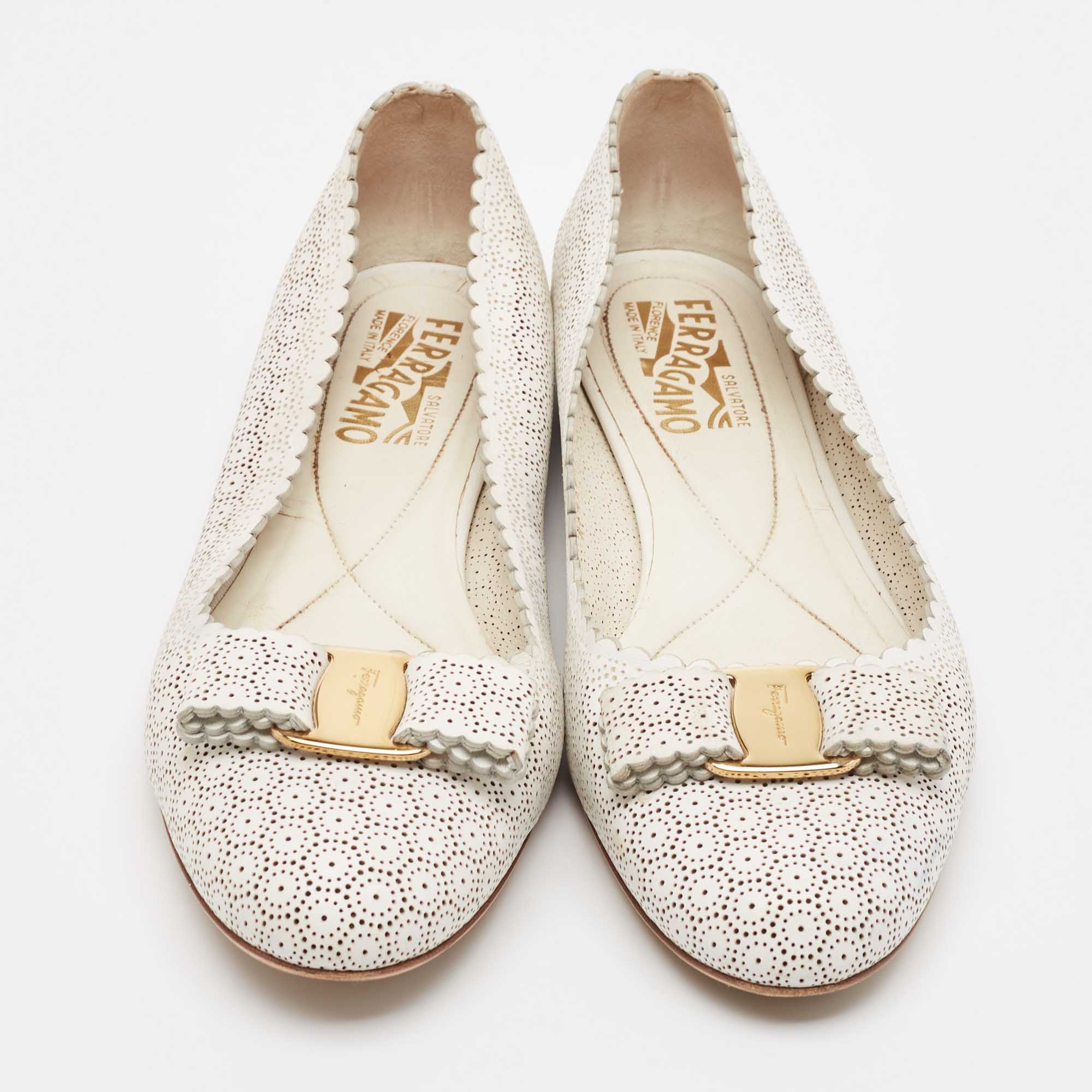 Salvatore Ferragamo White Perforated Leather Varina Ballet Flats Size 39.5