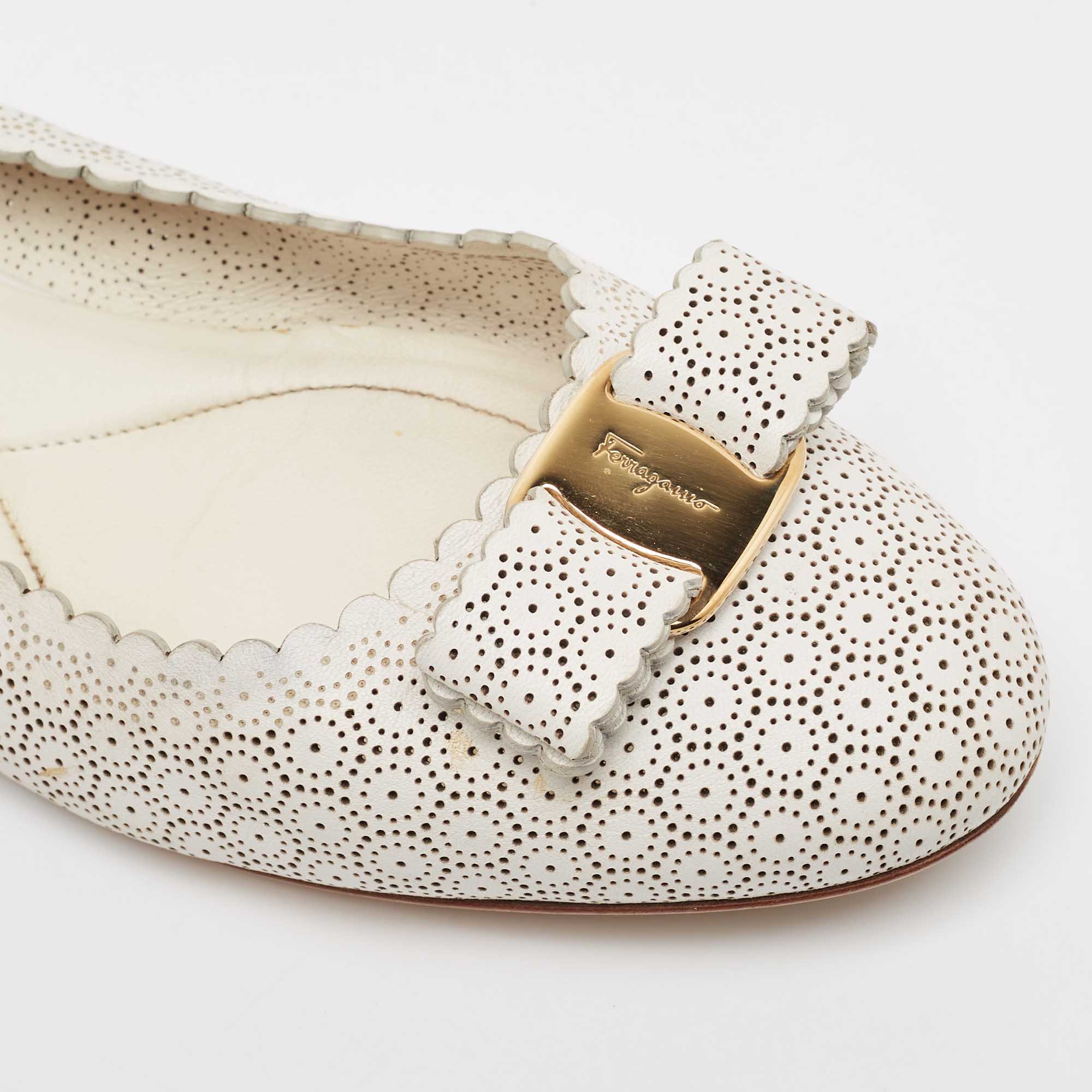 Salvatore Ferragamo White Perforated Leather Varina Ballet Flats Size 39.5