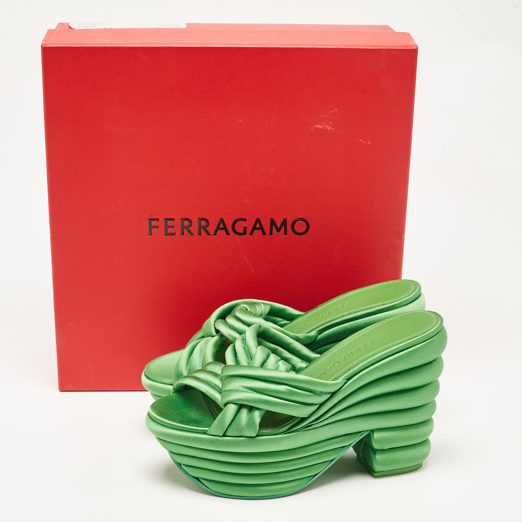 Salvatore Ferragamo Green Satin Platform Sandals Size 38.5