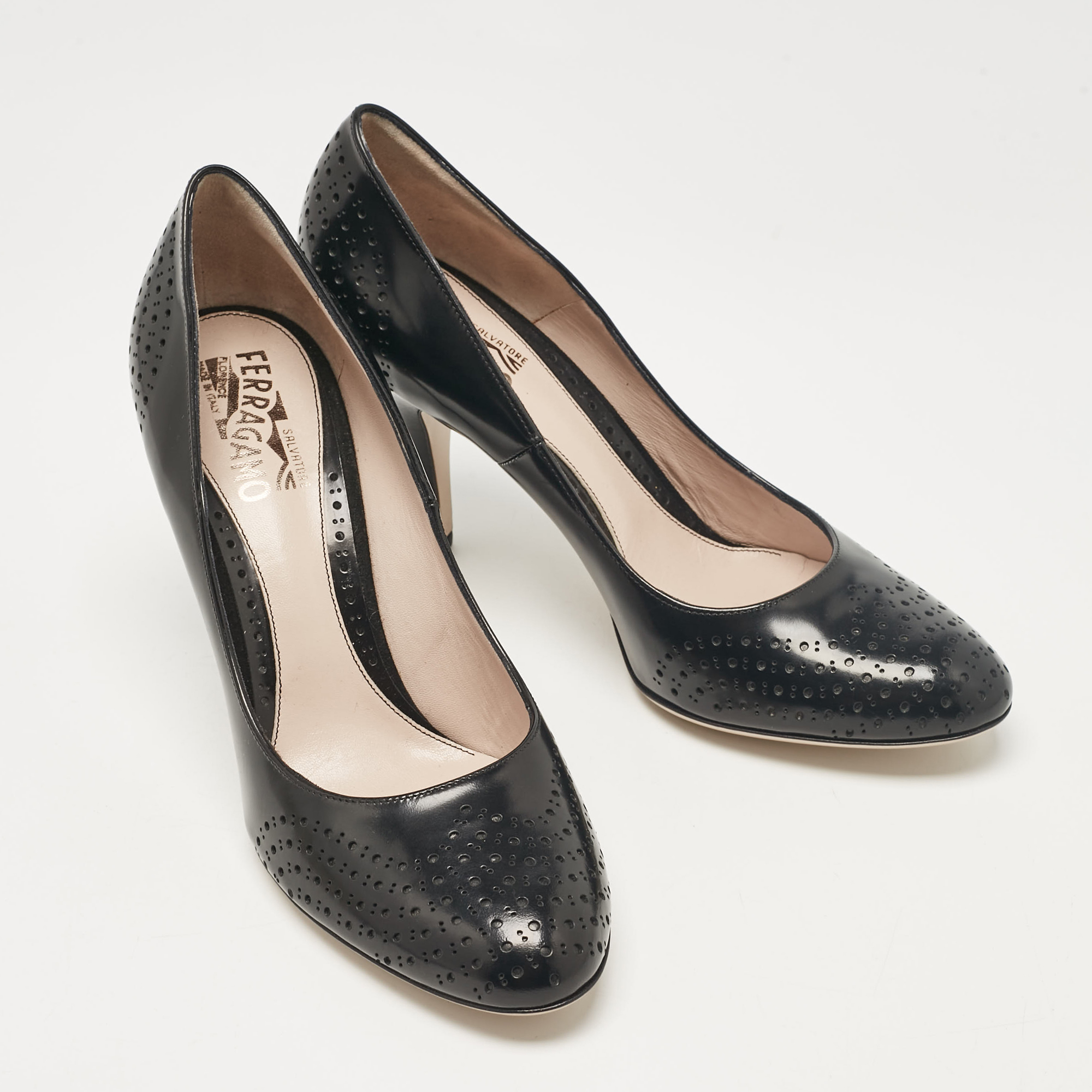 Salvatore Ferragamo Black Patent Leather Round Toe Pumps Size 38.5